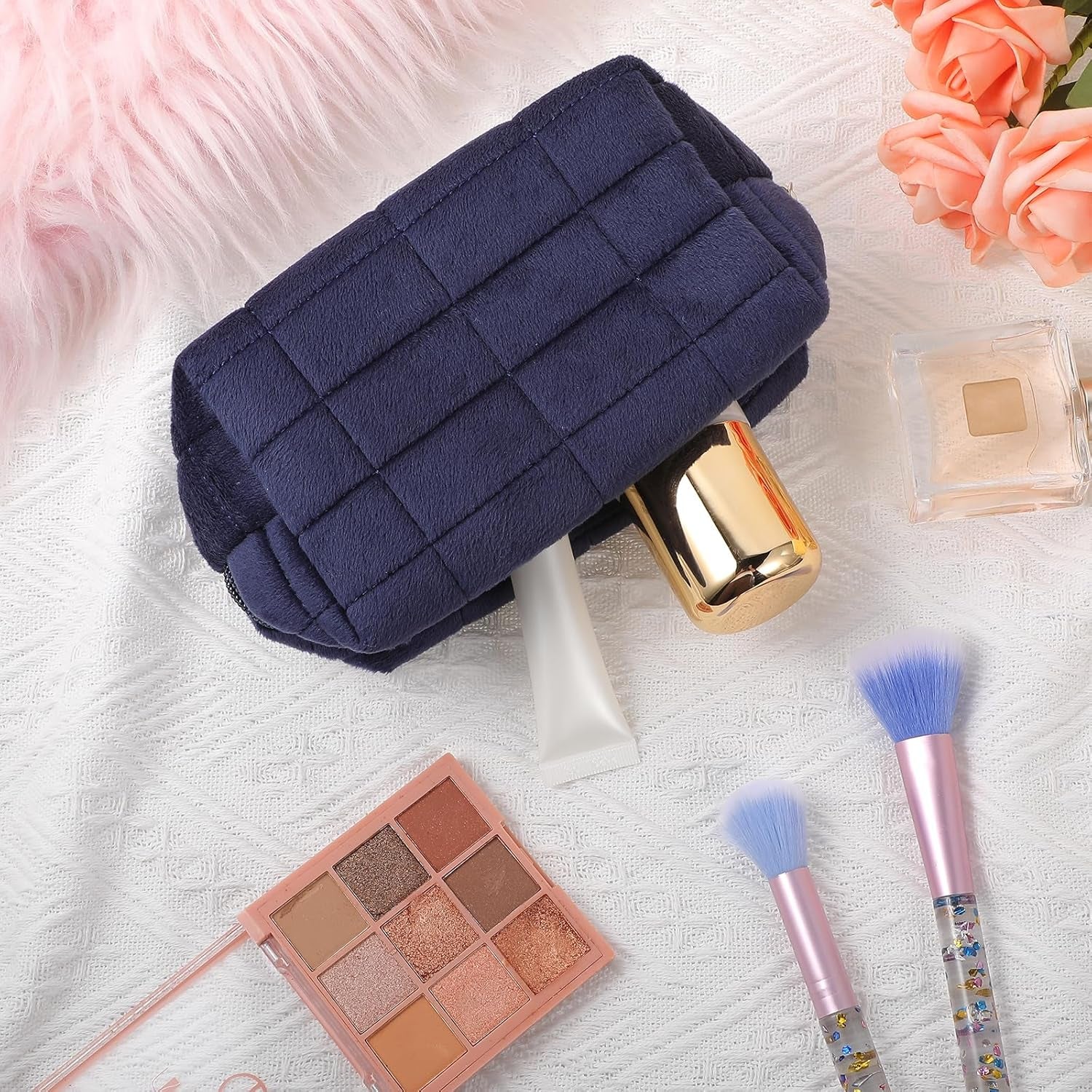 Makeup Bag Soft Pouch Pencil Case Aesthetic Cosmetic Pouch Bathroom Shower Fuzzy Plush Toiletry Organizer Make up Organize Accessories Travel Bag Y2K Purse Containers Women (Navy)