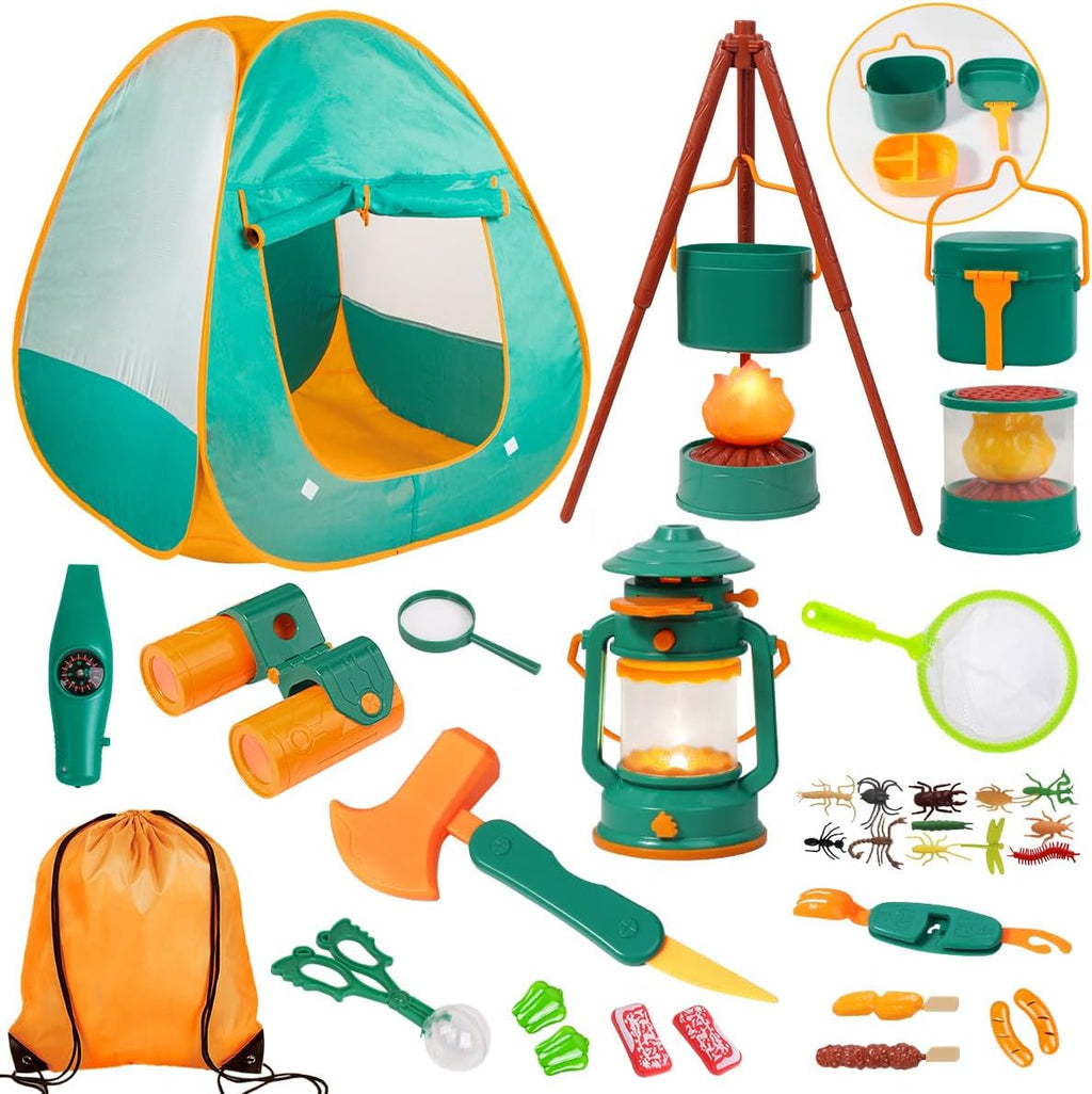 Kids Camping Set with Tent - Toddler Toys for Boys with Campfire, Camping Toys for Kids Indoor Outdoor Pretend Play, Gift Idea for Boys Age 3,4,5,6 Year Old Birthday Christmas (Green)