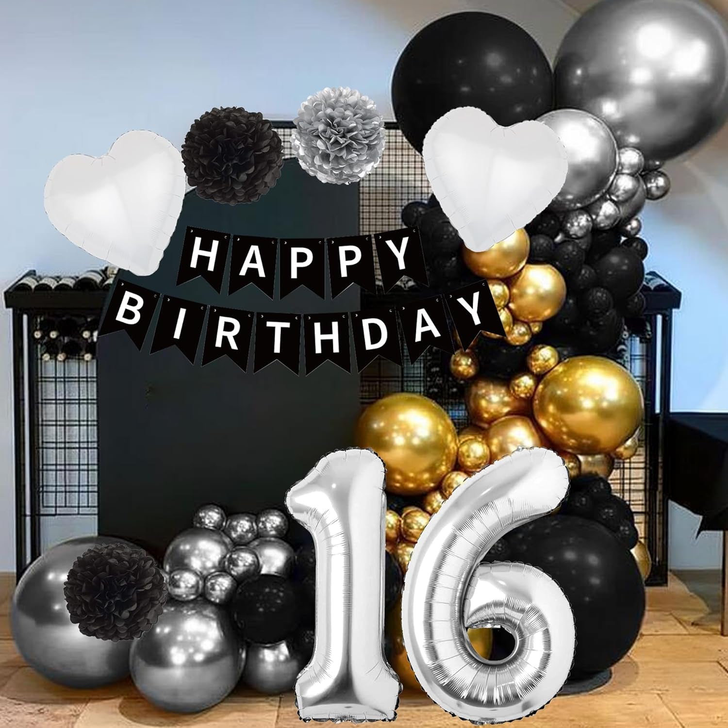 16Th Birthday Decorations Black Silver - 50 Pieces 16Th Decoration for Boys Number 16 Foil Balloon Birthday Banner Star Love Balloon Paper Flowers Cake Toppers for Girls Party Supplies