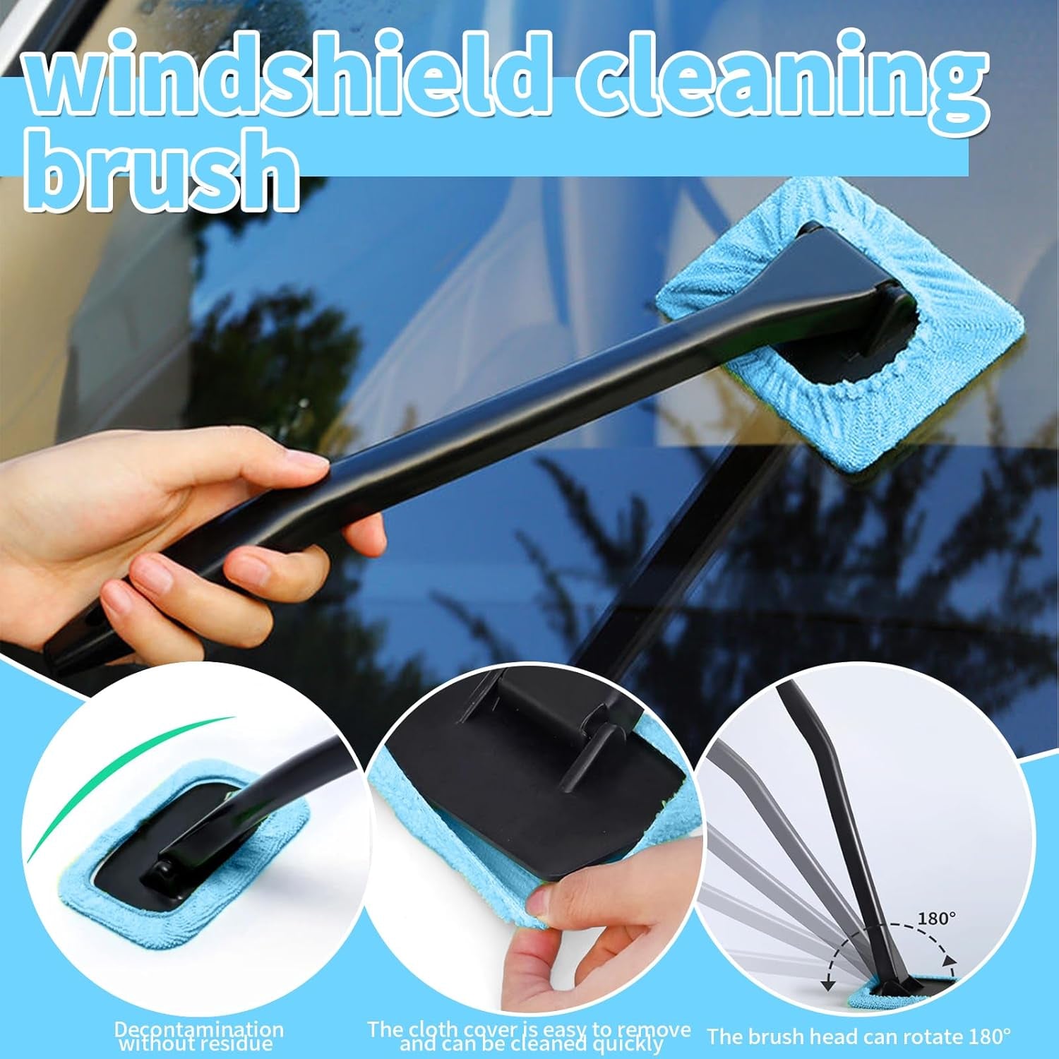 Window Cleaner Tool, Car Windscreen Cleaner Extendable Car Window Squeegee Set with 2 Reusable and Washable Microfiber Pads for Home and Outdoor