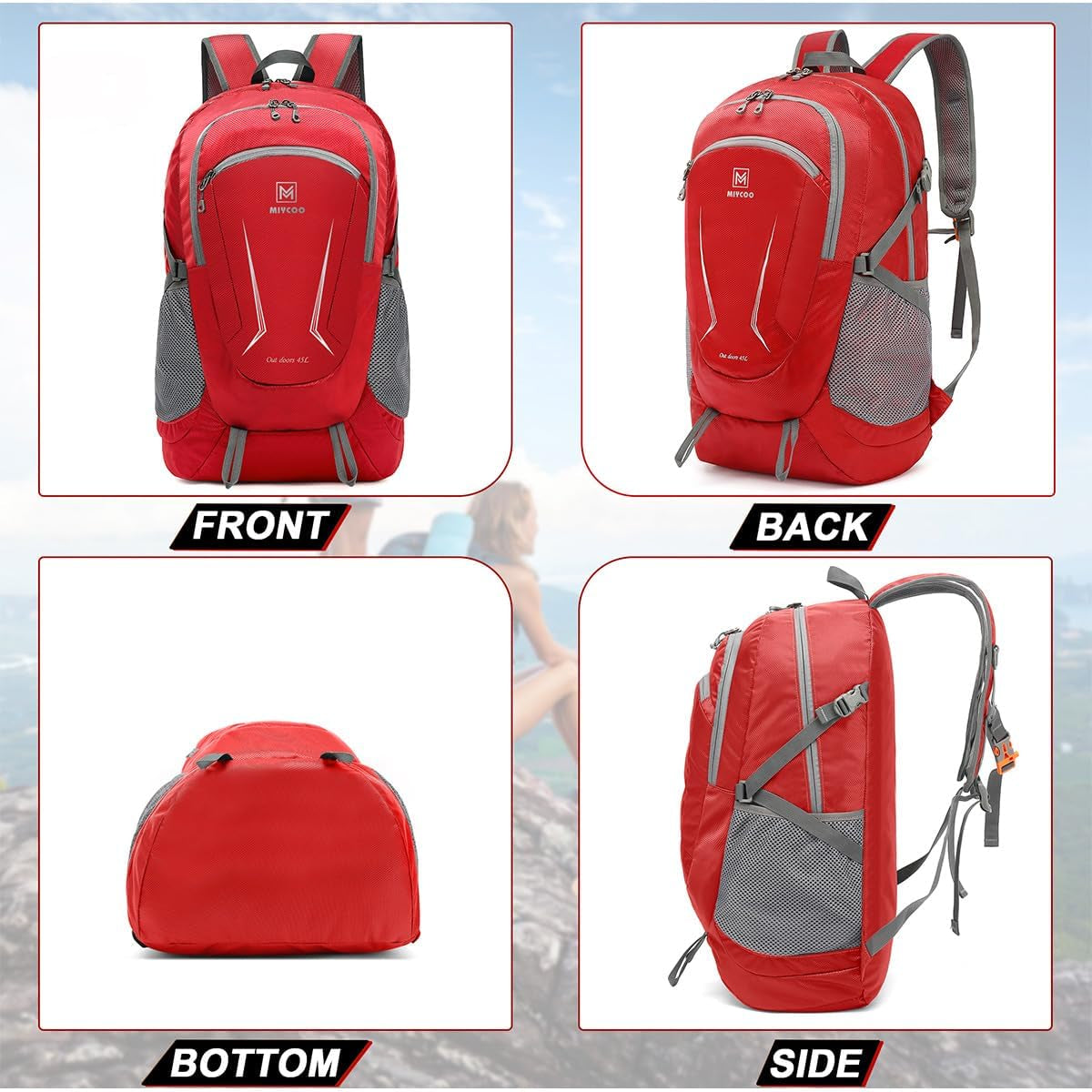 Lightweight Backpack for Men Women - Packable Hiking Travel Backpack - Foldable Outdoor Camping Daypack Red