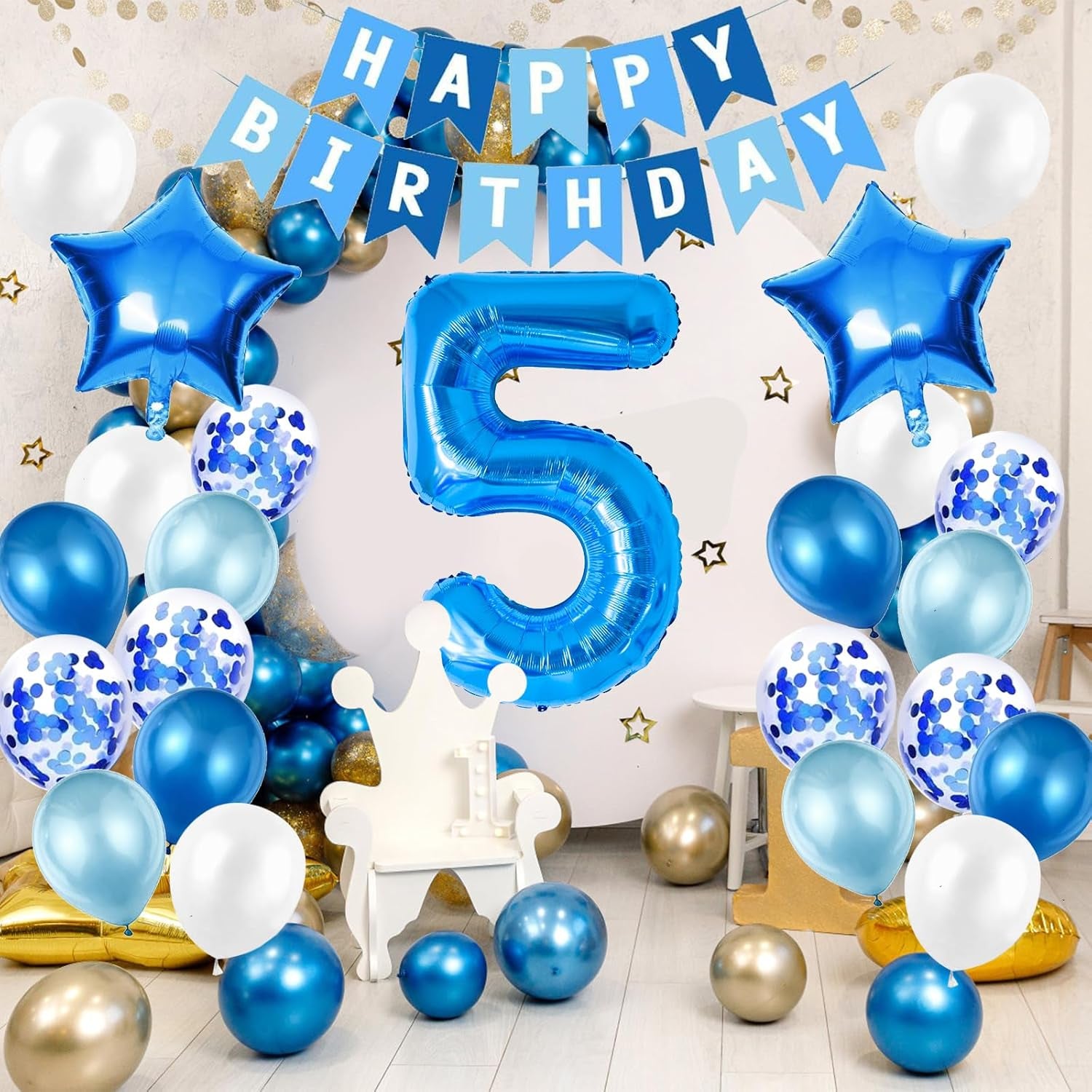5Th Birthday Decorations for Boys, Number 5 Balloon, Blue Silver 5Th Party Decorations, Happy Birthday Bunting Banner, 32Inch Foil Number 5 Balloons Set for Birthday Party Anniversary Decorations