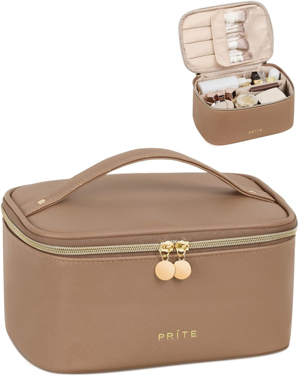 Large Makeup Bag for Women Travel Cosmetic Case Waterproof PU Leather Toiletry Bag Portable Make up Organiser with Handle and Removable Divider (Brown)