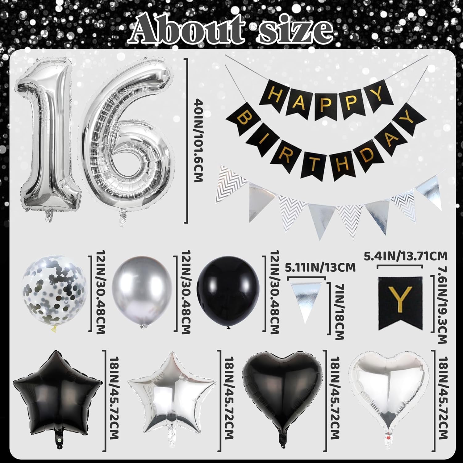16Th Birthday Decorations for Boys Black and Silver Birthday Decorations Include Pennants, Banners, Love Balloon, Star Balloon, Number Foil Balloons, Latex Balloons, Ribbon, Suitable for 16Th Party