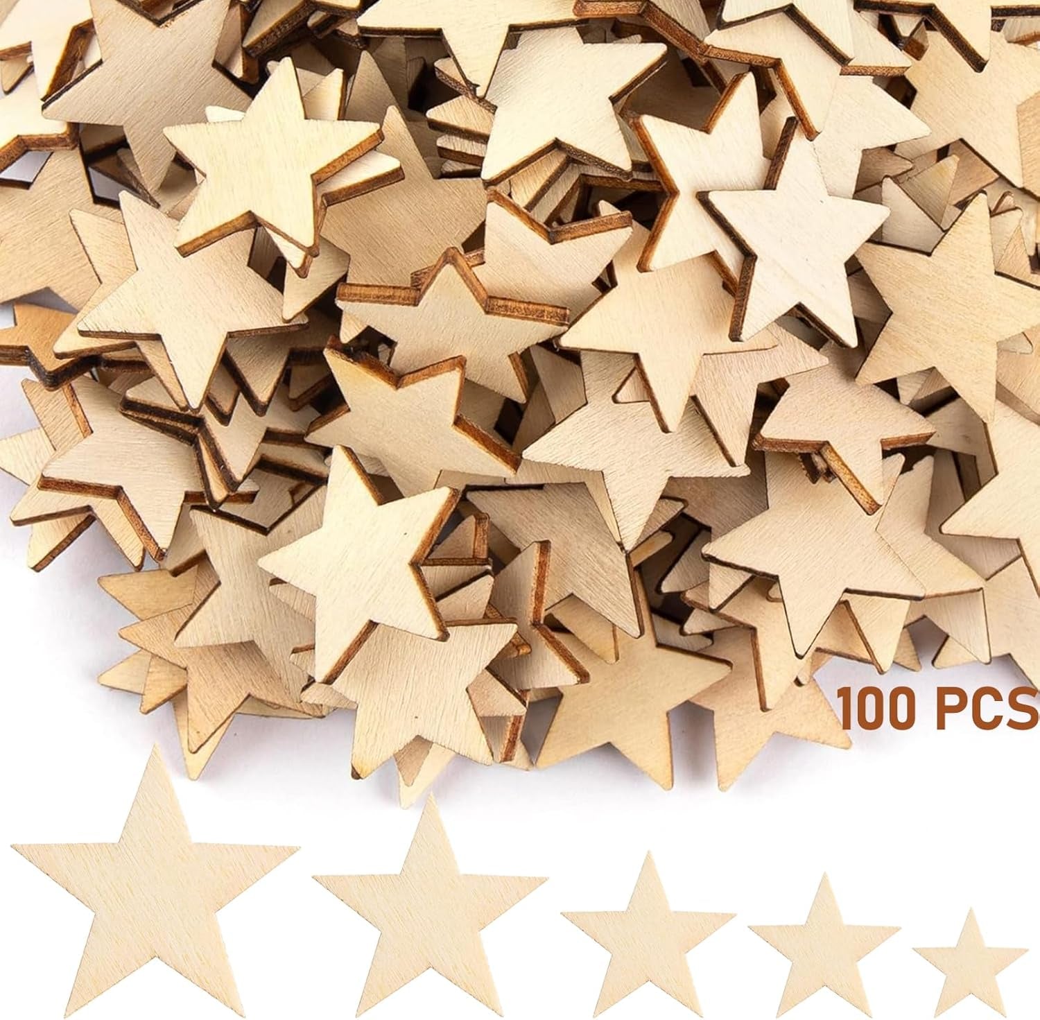 100 Pcs Wooden Star, Mini Wooden Star Embellishment Wooden Star Scatter Craft with 5 Sizes 6/8/10/12/15Mm, Mixed Size Wood Star Cutout Shape for Wedding Party Table Scatter Decoration