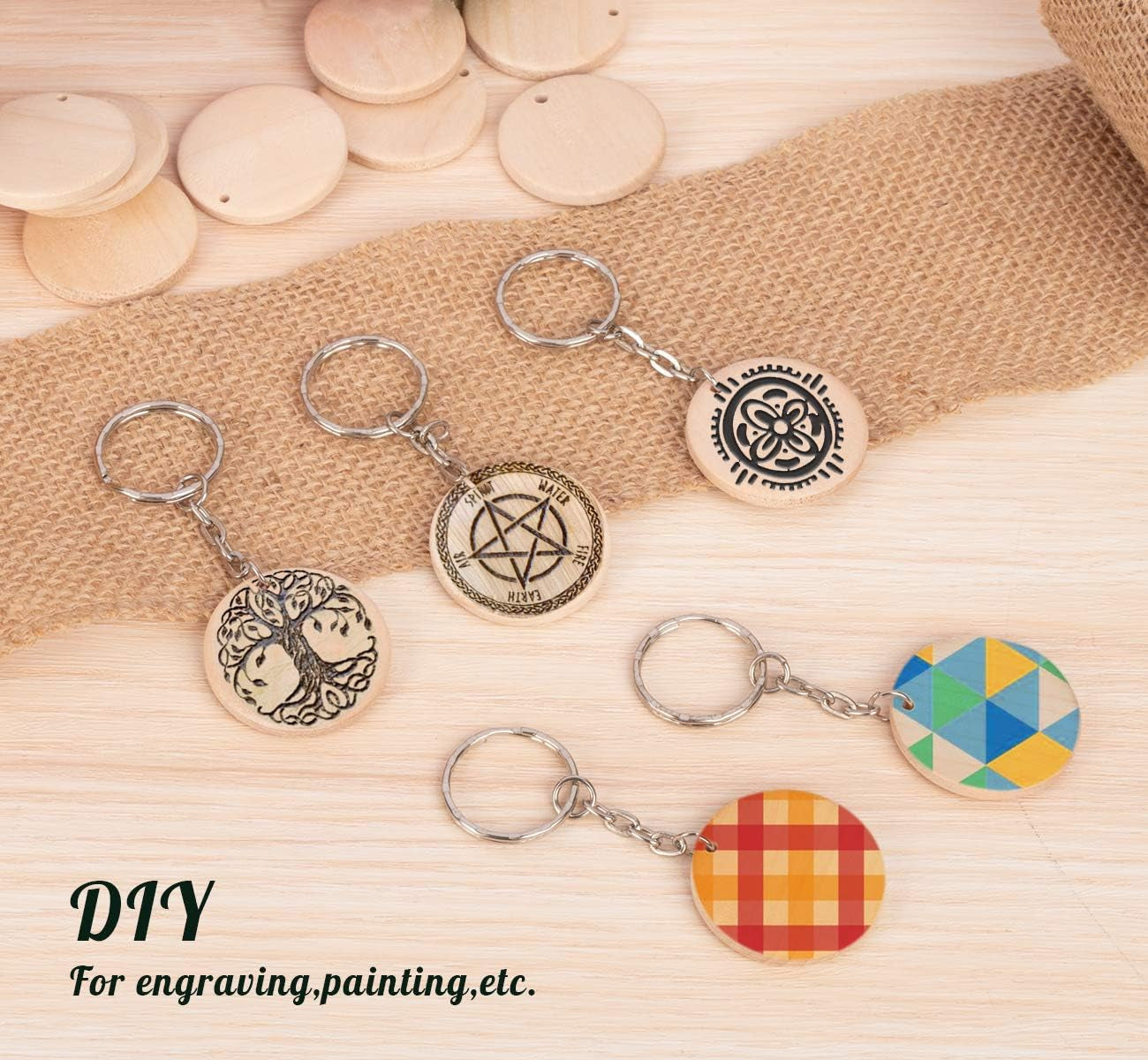 100 Pcs Natural Wood Slices, 3.5 Cm Unfinished Predrilled Log Discs Wooden Circles with 100 Pcs Key Rings for DIY Crafts Christmas Decorations Ornaments Wedding Decoration