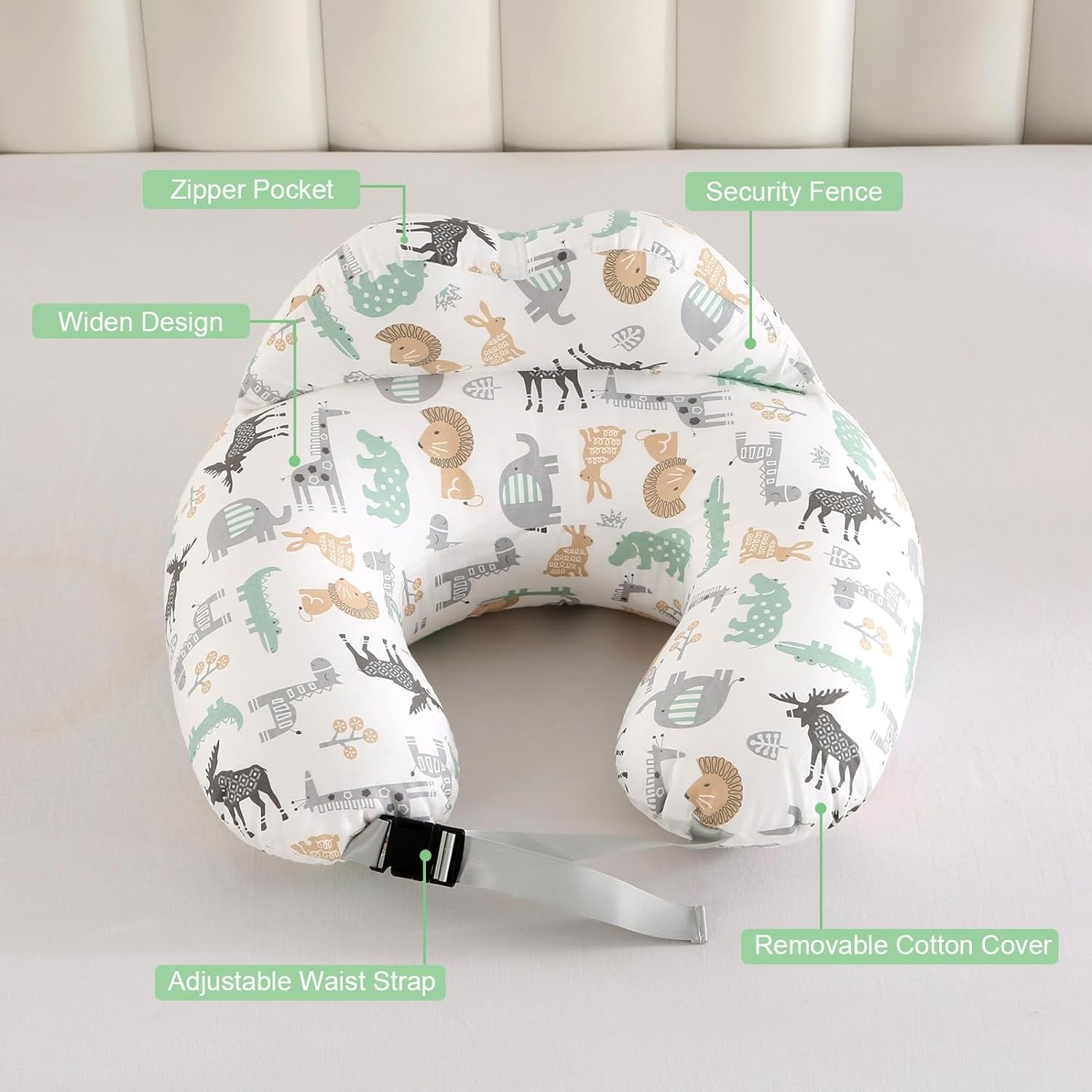 Nursing Pillow for Breastfeeding Baby, Multifunctional Breast Feeding Pillow with Adjustable Waist Strap and Safety Fence, 100% Cotton Removable Pillowcase, Animal Pattern