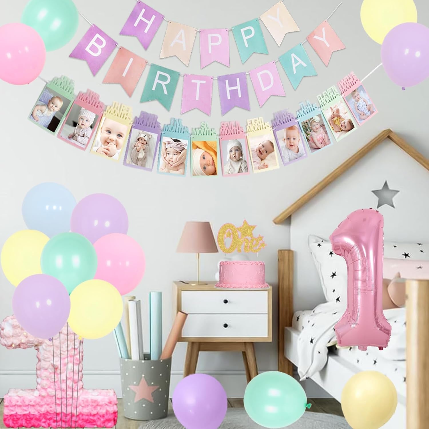 1St Birthday Decorations for Girls Pastel, Macaron Party Decorations Happy Birthday Banner High Chair and Photo Banner 1 Foil Balloon Cake Topper for First Rainbow Bday Party Supplies