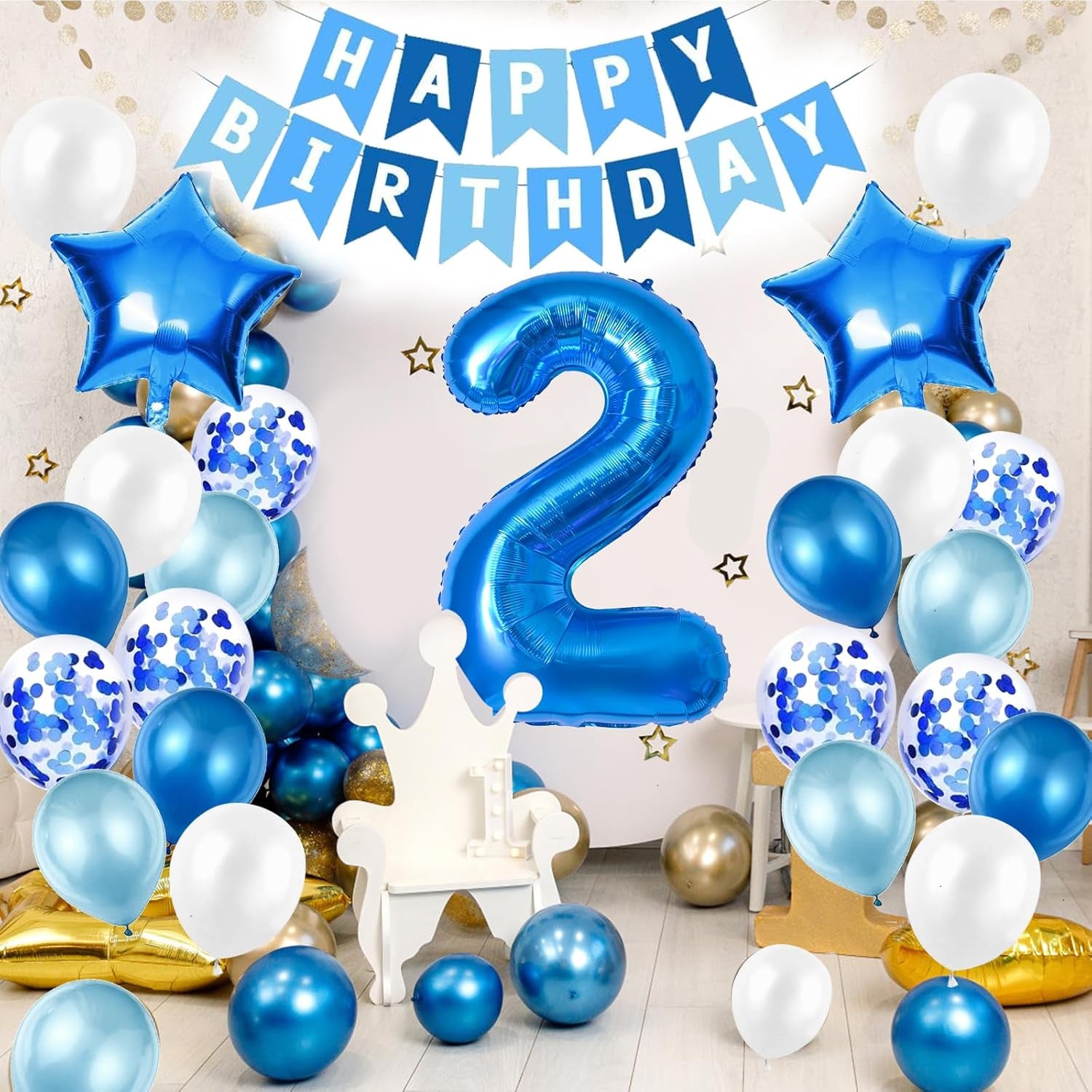 2Nd Birthday Decorations for Boys, Number 2 Balloon, Blue Silver 2Nd Party Decorations, Happy Birthday Bunting Banner, 32Inch Foil Number 2 Balloons Set for Birthday Party Anniversary Decorations
