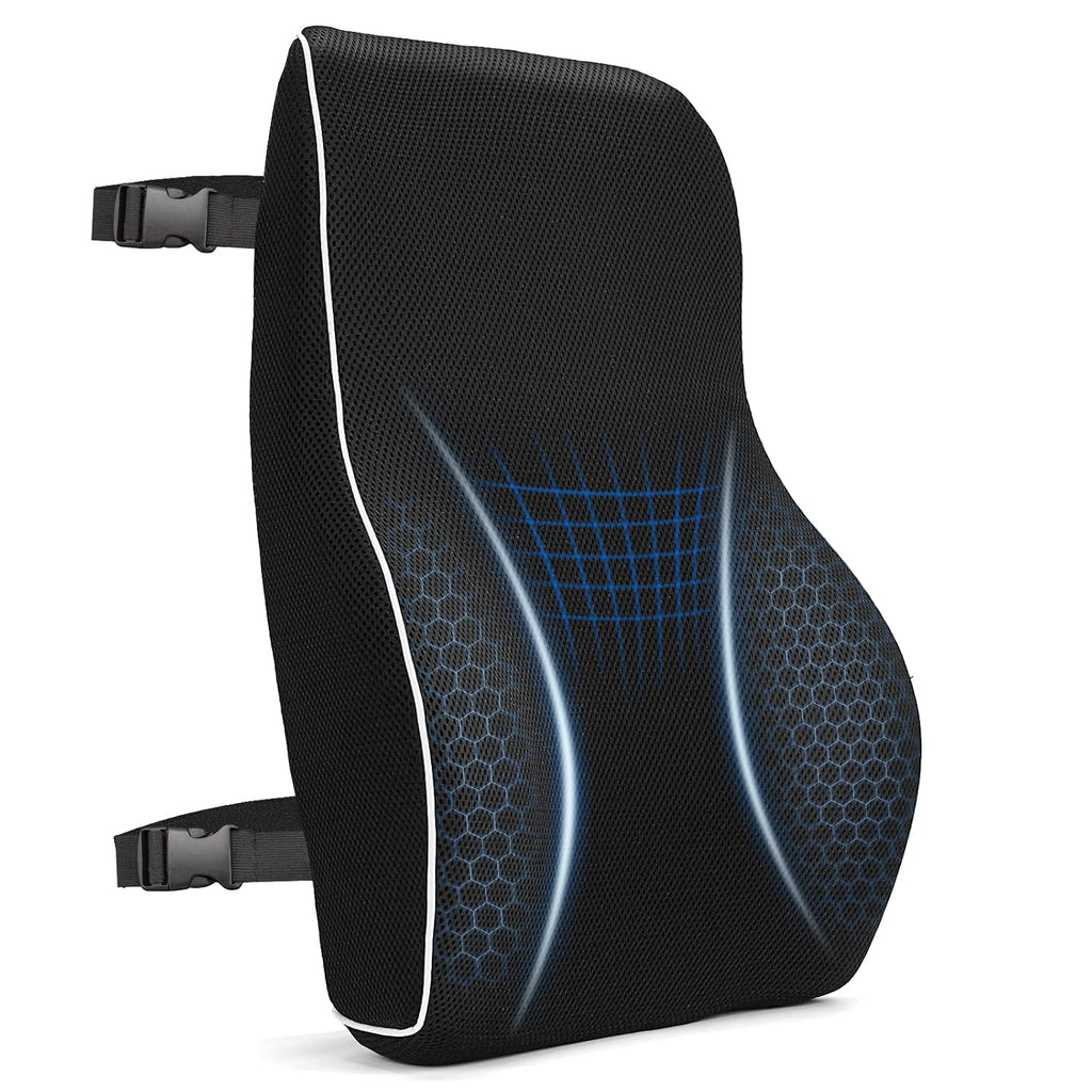 Lumbar Support Cushion, Memory Foam Back Support for Office Chair and Car Seat, Mesh Back Rest for Gaming Chair, Memory Foam Pillow, Desk Chair Cushion, Breathable & Washable Cover, Adjustable Straps