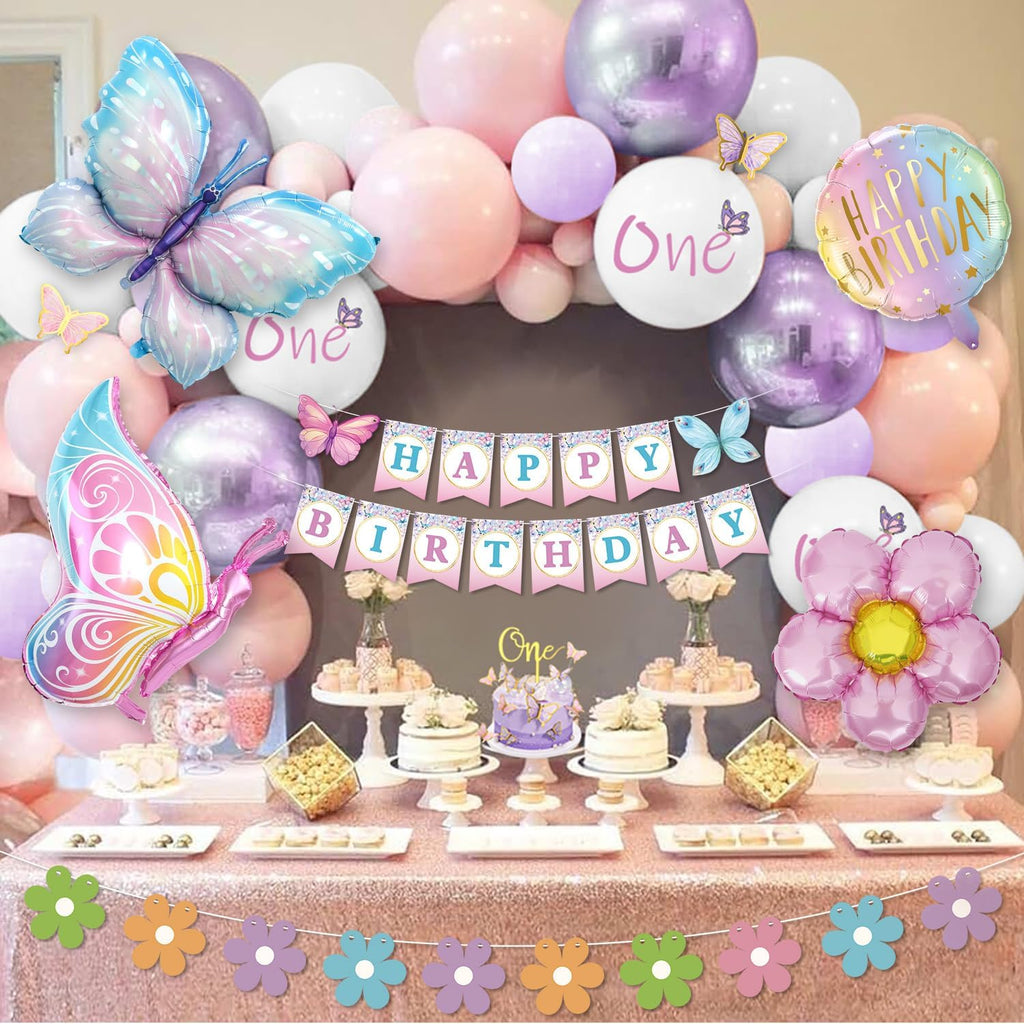 1St Birthday Decorations for Girls - Pink & Purple Butterfly Foil Balloons, Happy Birthday Banner, Number 1 & Butterfly Stickers
