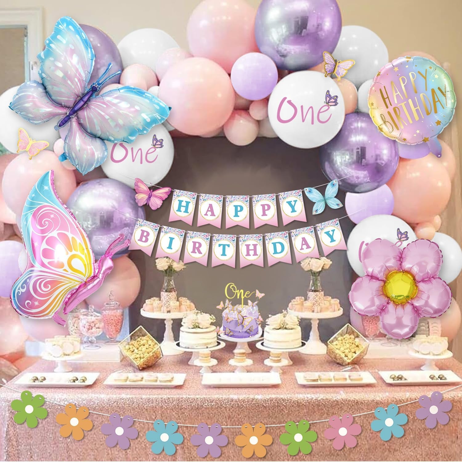 1St Birthday Decorations for Girls - Pink & Purple Butterfly Foil Balloons, Happy Birthday Banner, Number 1 & Butterfly Stickers
