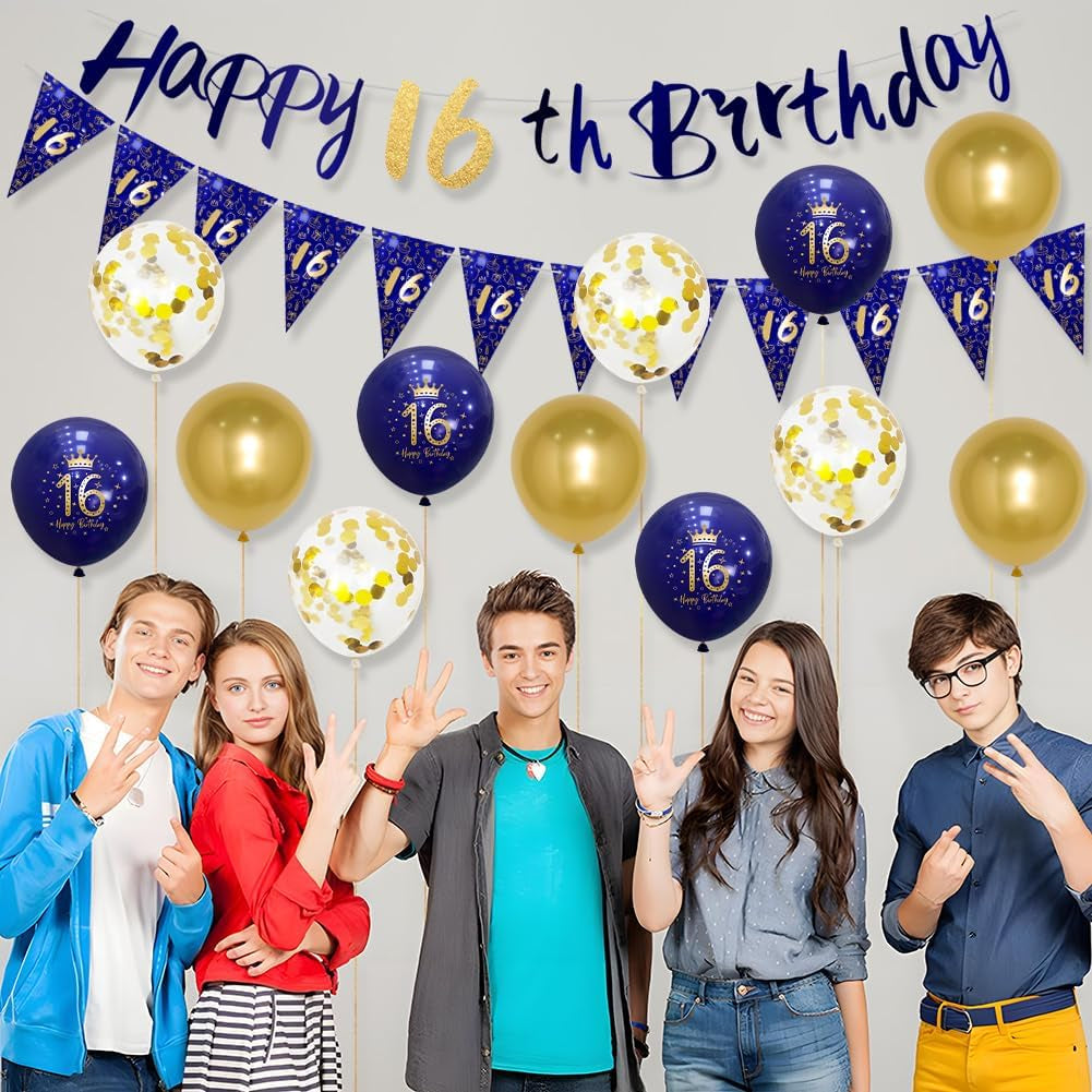 Navy Blue & Gold 16Th Birthday Party Decorations - Boys Happy Birthday Banner & Bunting Kit by