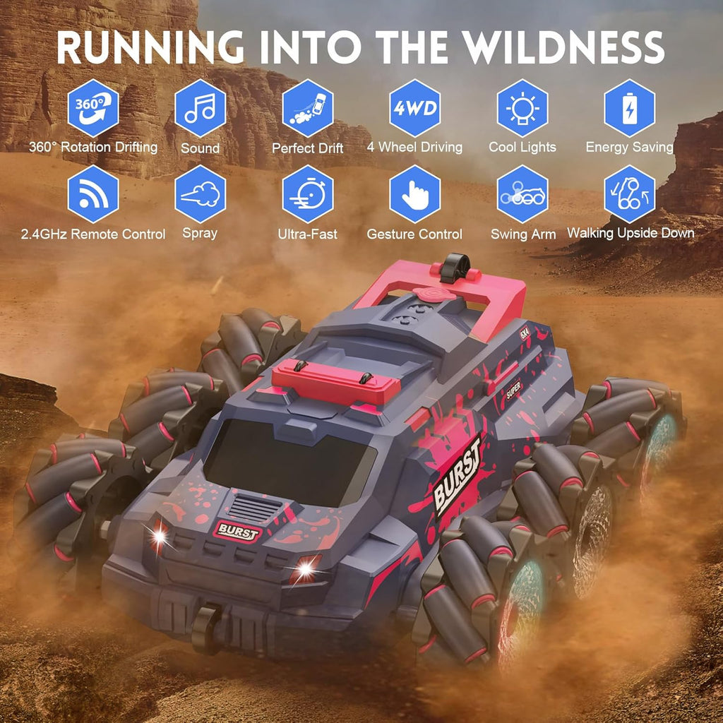 Remote Control Car for Kids, Gesture Sensing RC Stunt Car with Spray Fog Steam 2.4Ghz 4WD Toy Cars 360° Rotation Drift Hand Controlled Remote Control Cars with Lights Music for 6-12 Yr Boys Girls Red