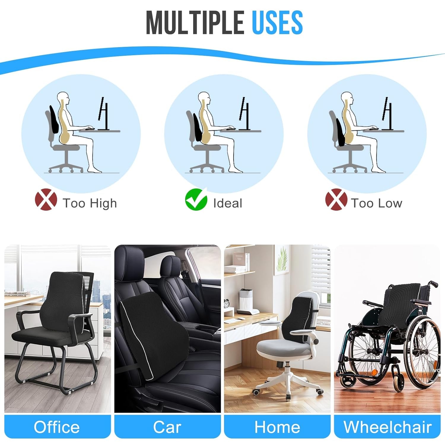 Lumbar Support Cushion, Memory Foam Back Support for Office Chair and Car Seat, Mesh Back Rest for Gaming Chair, Memory Foam Pillow, Desk Chair Cushion, Breathable & Washable Cover, Adjustable Straps