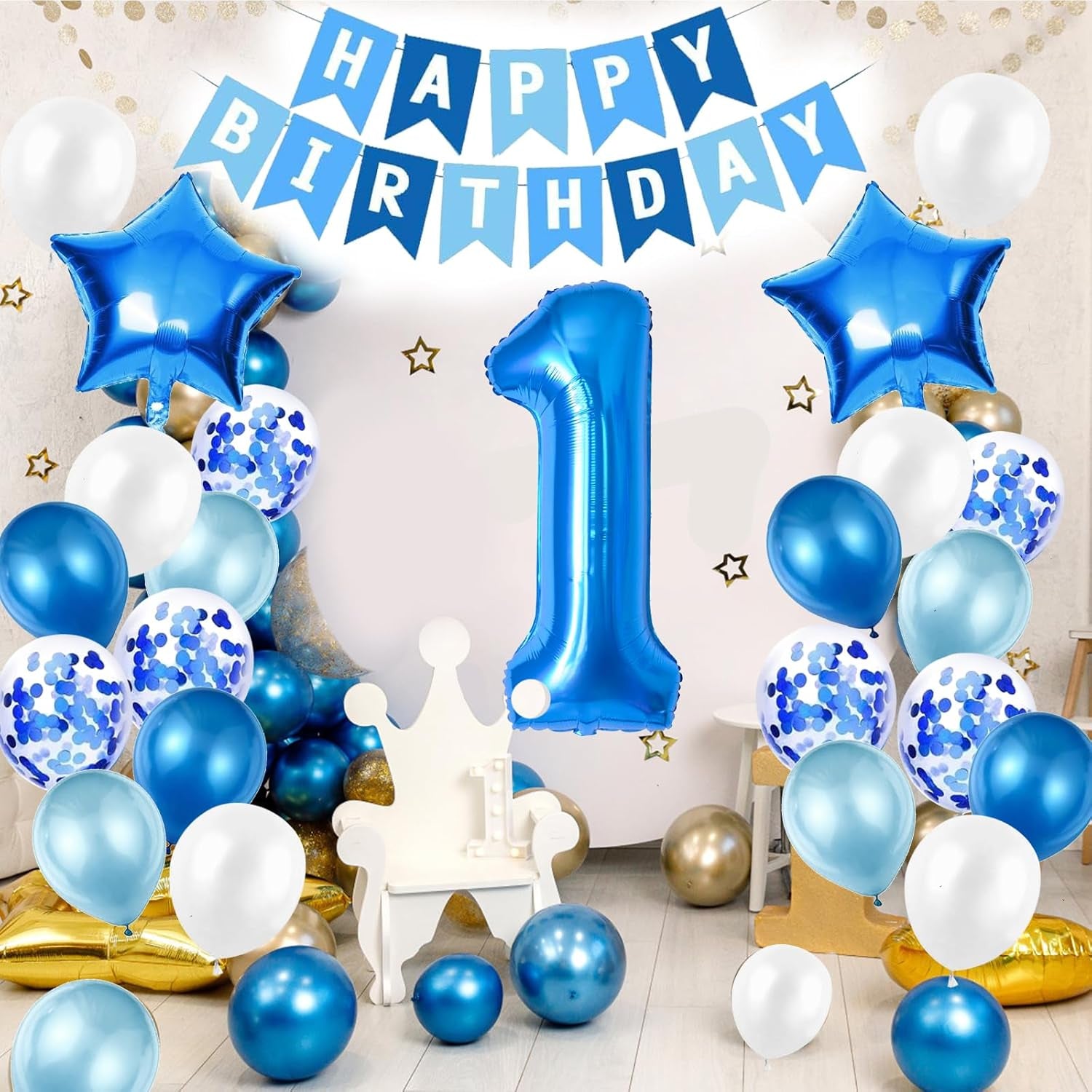 1St Birthday Decorations for Boys, Number 1 Balloon, Blue Silver 1St Party Decorations, Happy Birthday Bunting Banner, 32Inch Foil Number 1 Balloons Set for Birthday Party Anniversary Decorations
