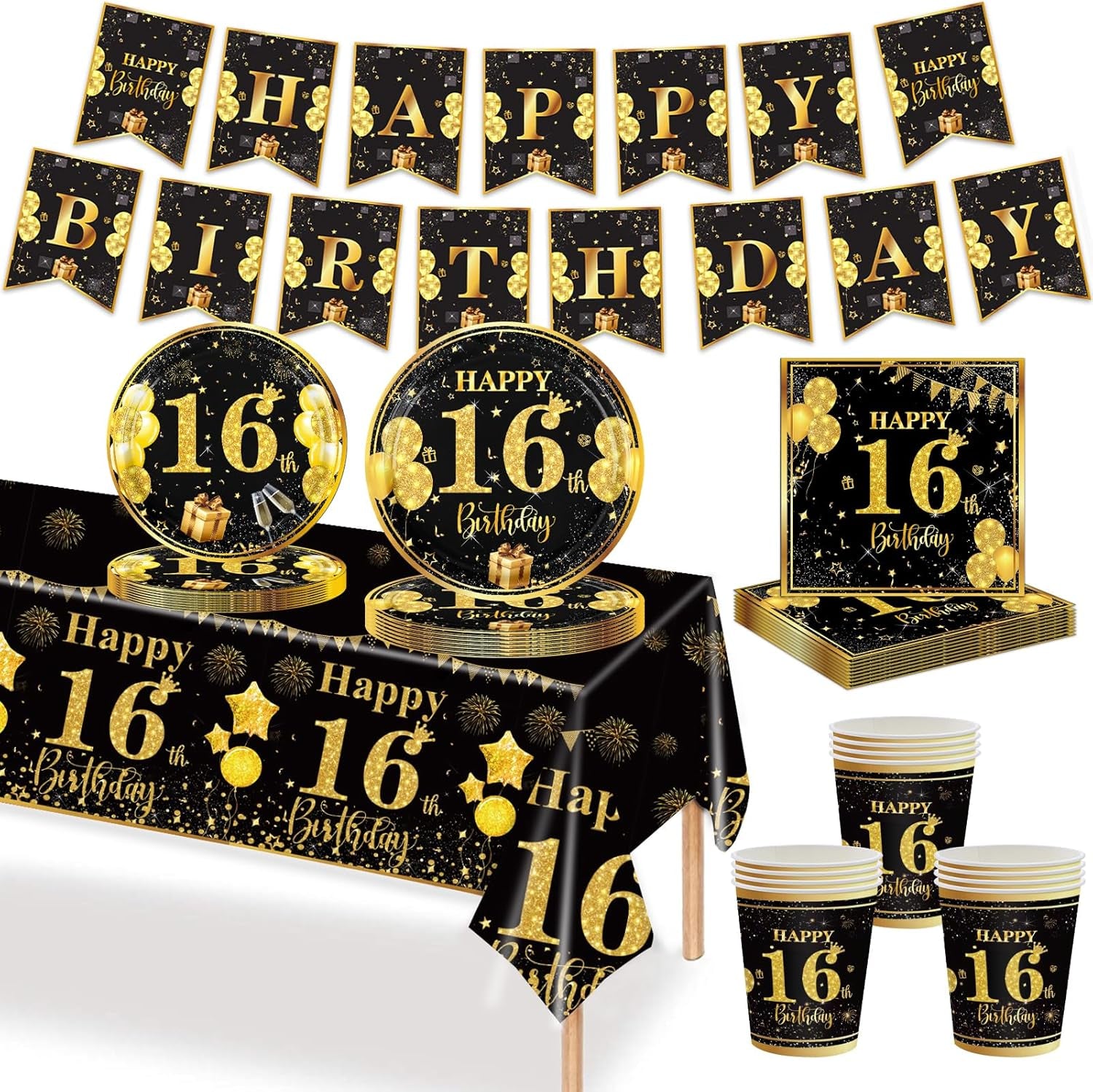 70 Pcs 16Th Birthday Tableware Black Gold, 16Th Birthday Table Decoration Set for Teen Party Supplies (16 Guests)