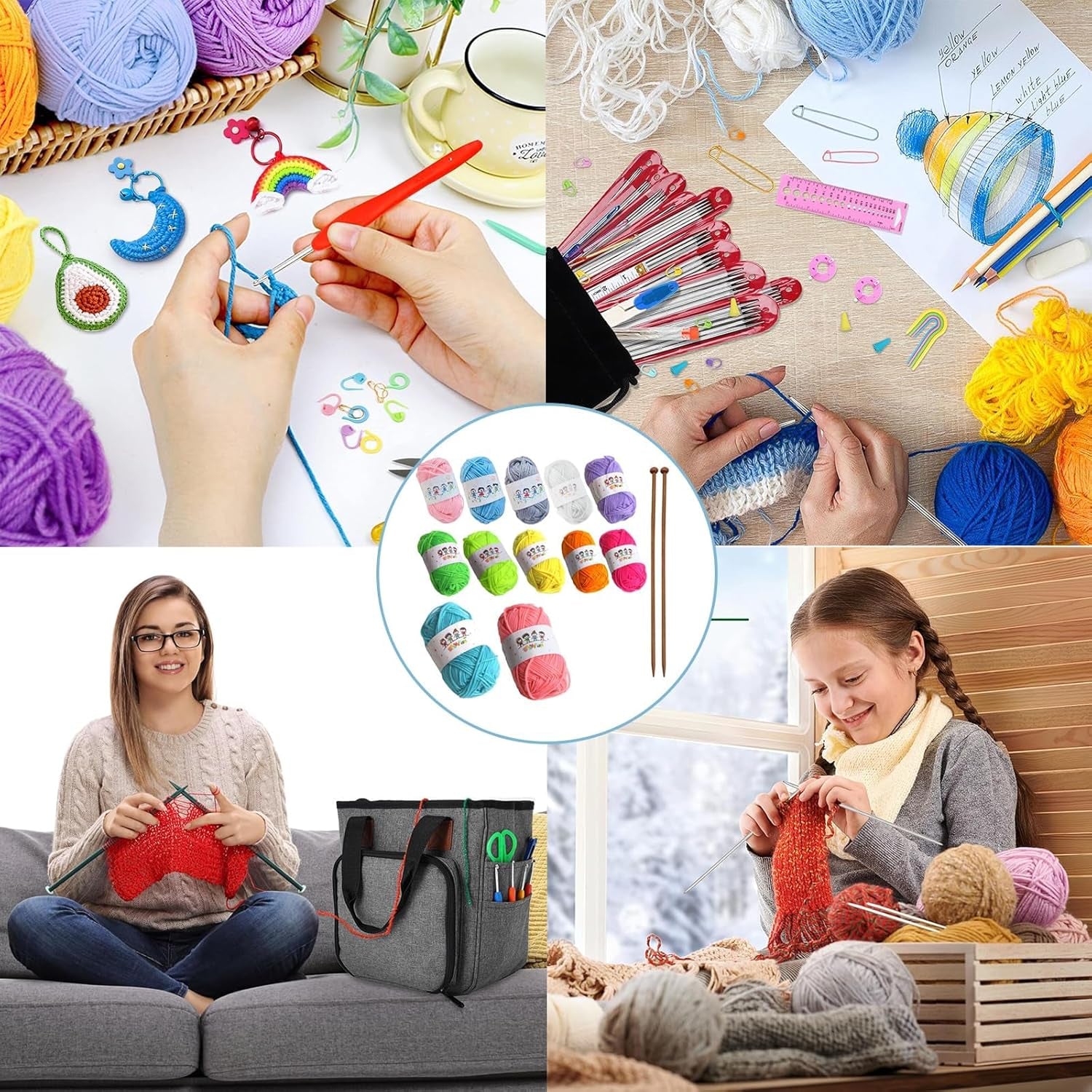 Knitting Kit, Knitting for Beginners Kit, Beginner Knitting Kit, Suitable for Adults Children DIY Weaving Handmade Artworks (12 Colors of Yarn and 2 Knitting Needles)