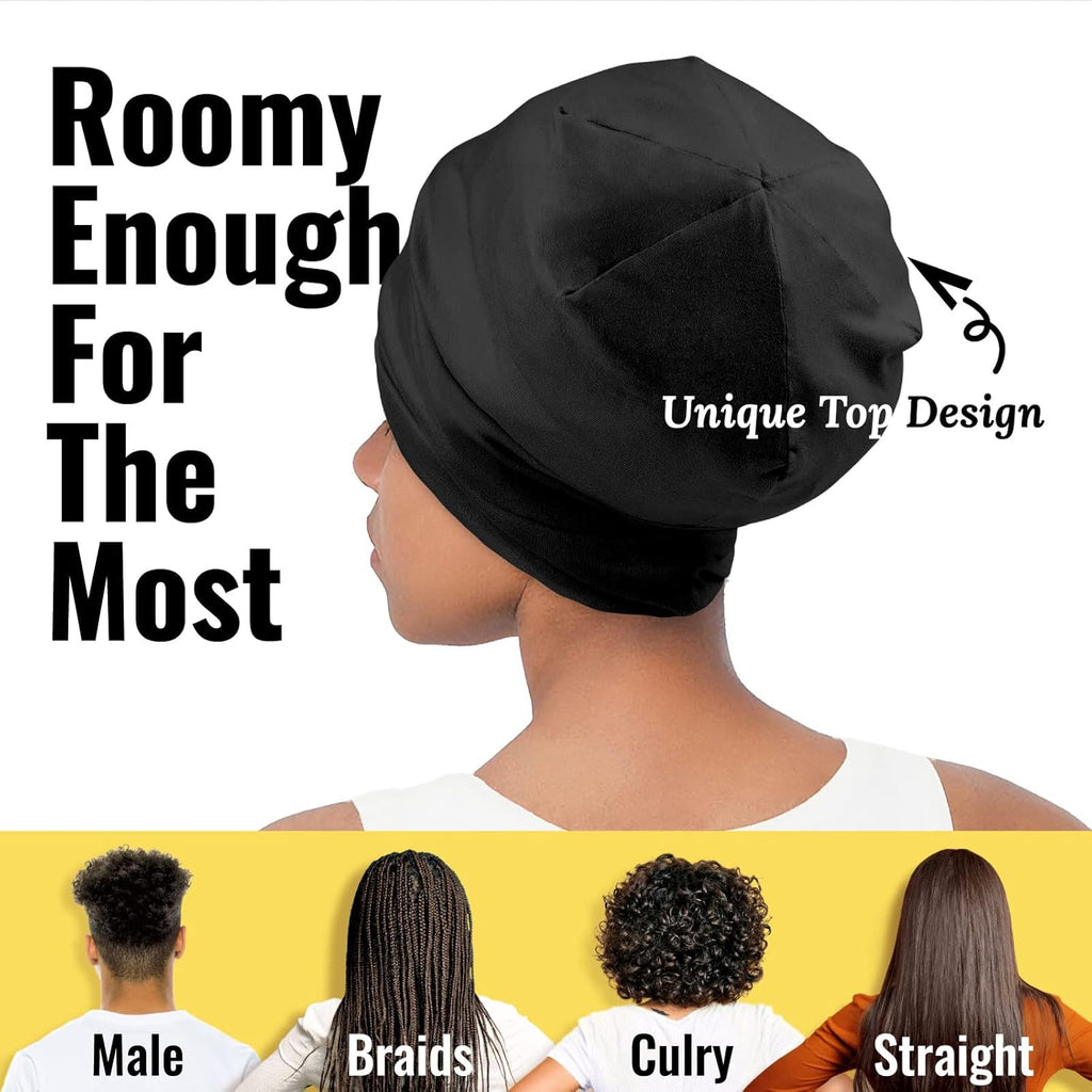 Satin Lined Sleep Cap Bonnet for Curly Hair and Braids, Stay on All Night Wrap with Adjustable Strap for Women and Men, Black, Pack of 1