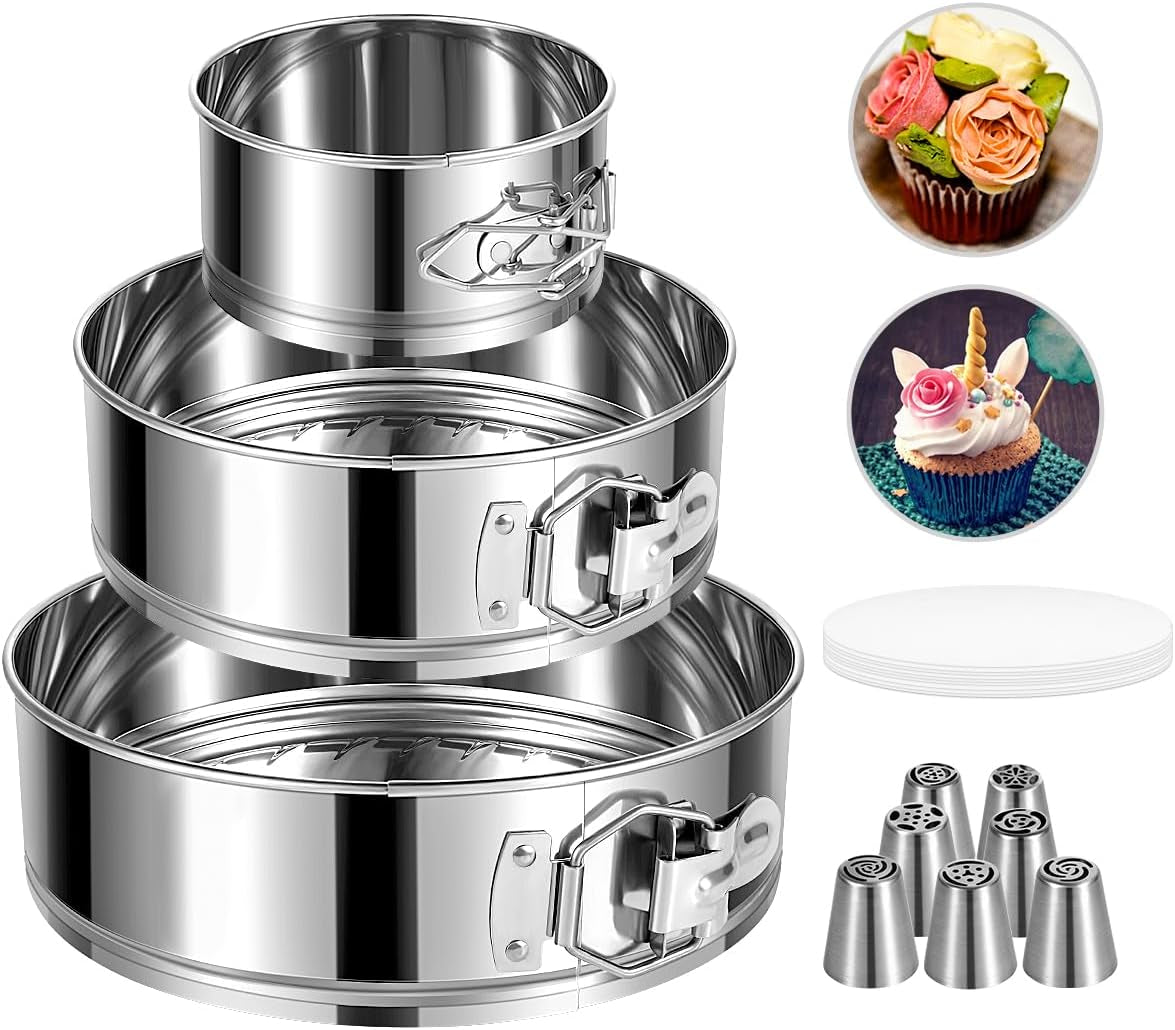 Stainless Steel Cake Pan Set - 3 Sizes 4" 7" 9" Leakproof round Cheesecake Pan with Removable Bottom, 50 Pcs Parchment Paper Liners and 7 Pcs Russian Piping Tips