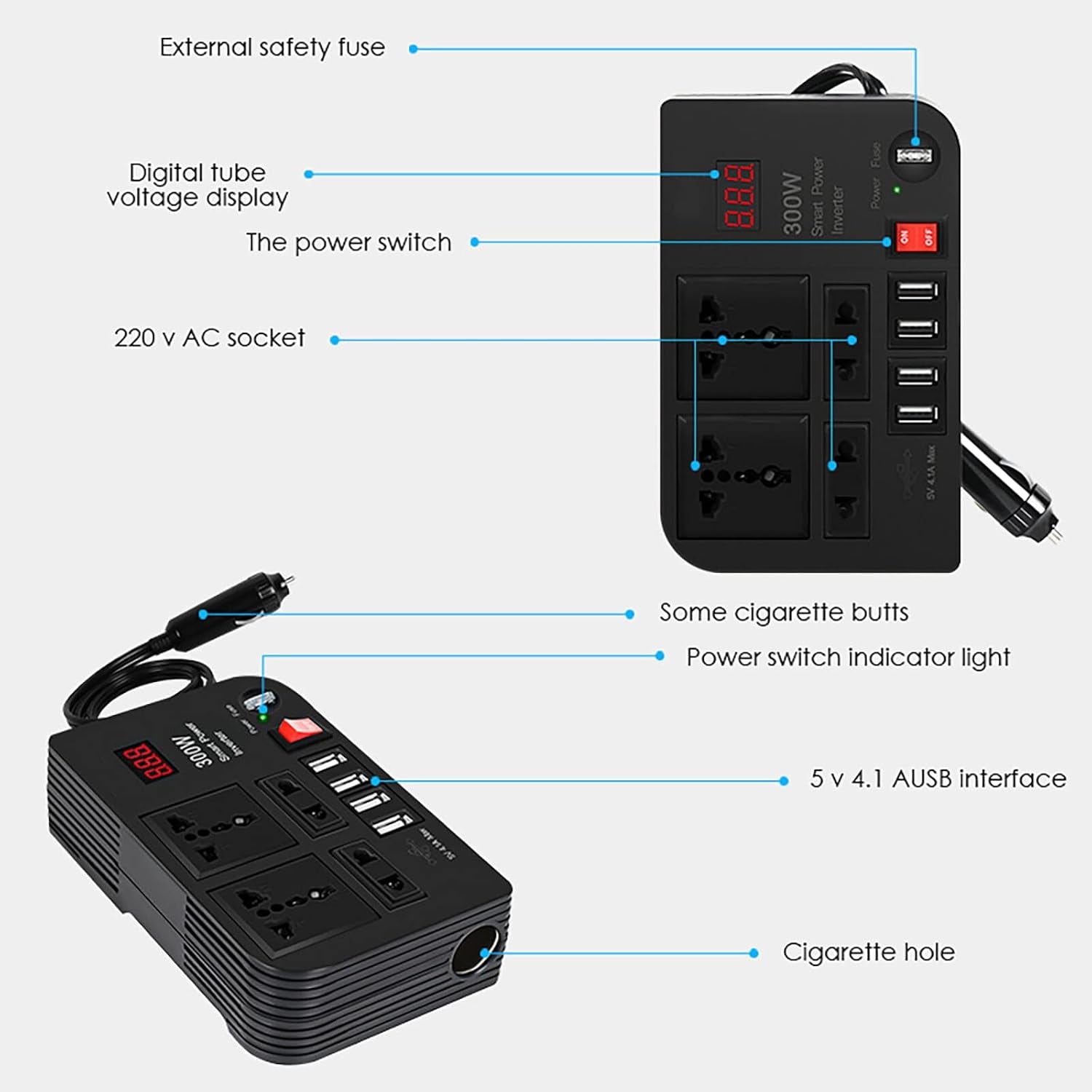300W Car Power Inverter,Dc 12V to AC 220V Car Power Inverter with 4 AC Outlets 4 USB Ports