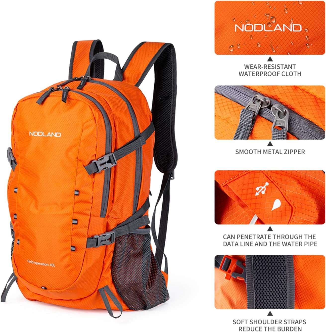 NODLAND Lightweight Backpack, Travel 40L Foldable Water-Resistant Daypack, Hiking Outdoor Camping Rucksack for Men Women