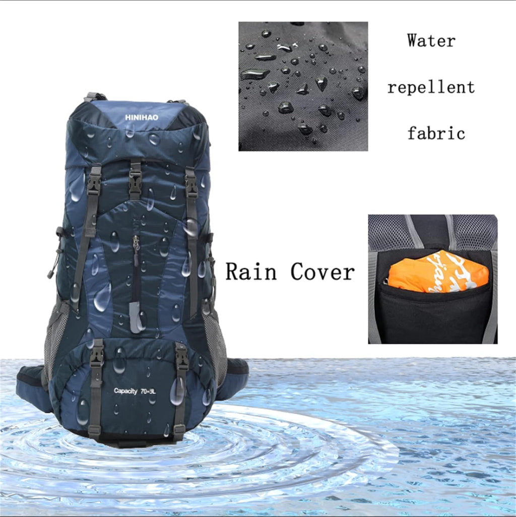 Hiking Backpack for Men and Women 70L+5L Waterproof Lightweight Camping Daypack with Rain Cover (75L Blue)
