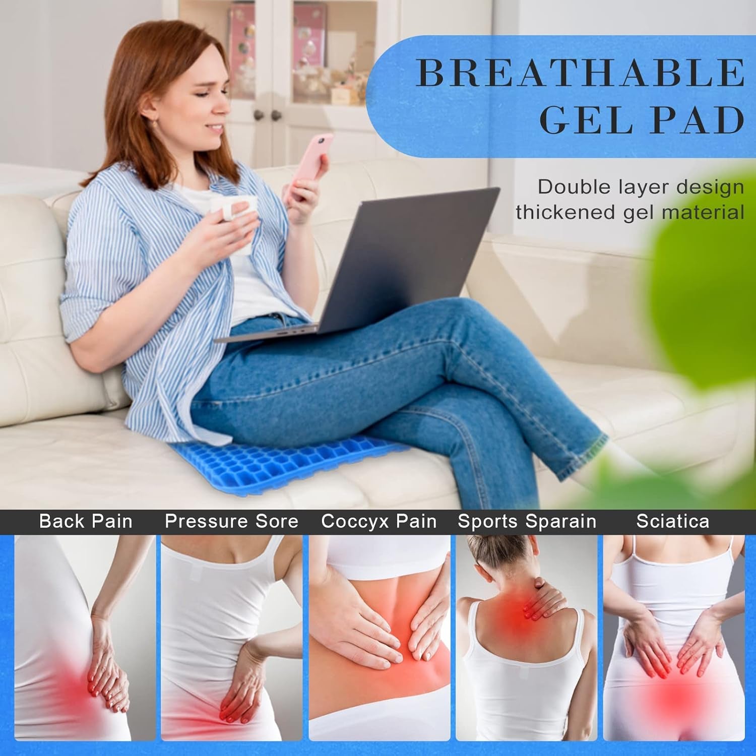 Gel Seat Cushion, Double Thick Breathable Seat Cushion Cool Gel Cushion Honeycomb Design,Breathable Lumbar Support Chair Cushion with Non-Slip,Seat Cushion for Home Office Chair Car Wheelchair