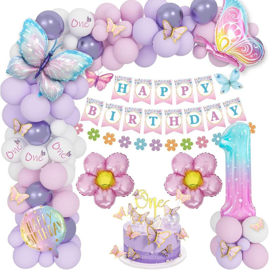 1St Birthday Decorations for Girls - Pink & Purple Butterfly Foil Balloons, Happy Birthday Banner, Number 1 & Butterfly Stickers