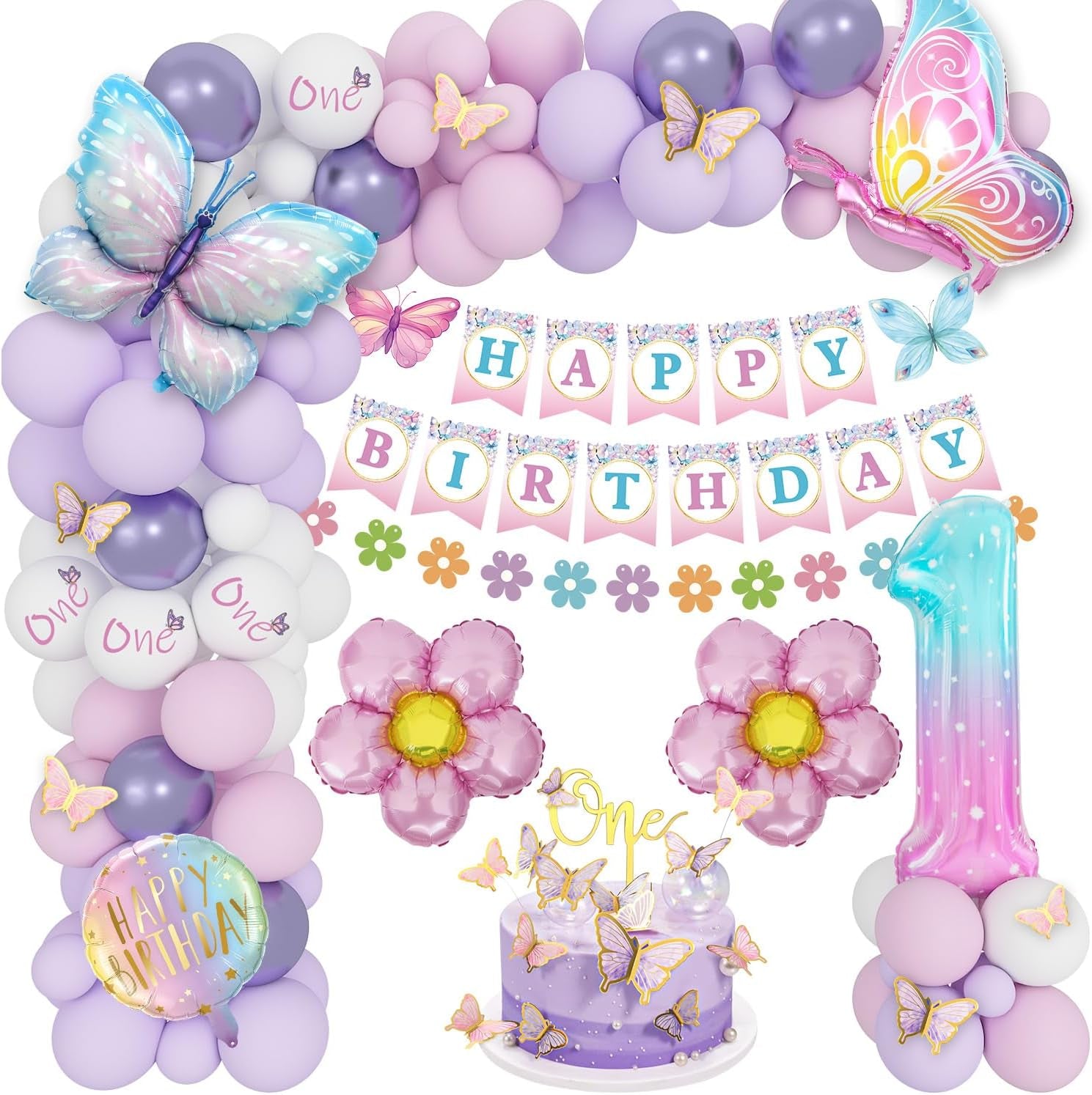 1St Birthday Decorations for Girls - Pink & Purple Butterfly Foil Balloons, Happy Birthday Banner, Number 1 & Butterfly Stickers