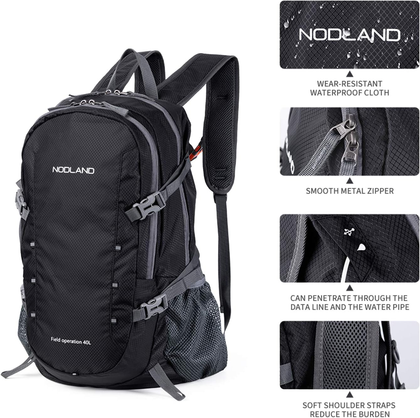 NODLAND Lightweight Backpack Travel 40L Foldable Water-Resistant Daypack, Hiking Outdoor Camping Rucksack for Men Women