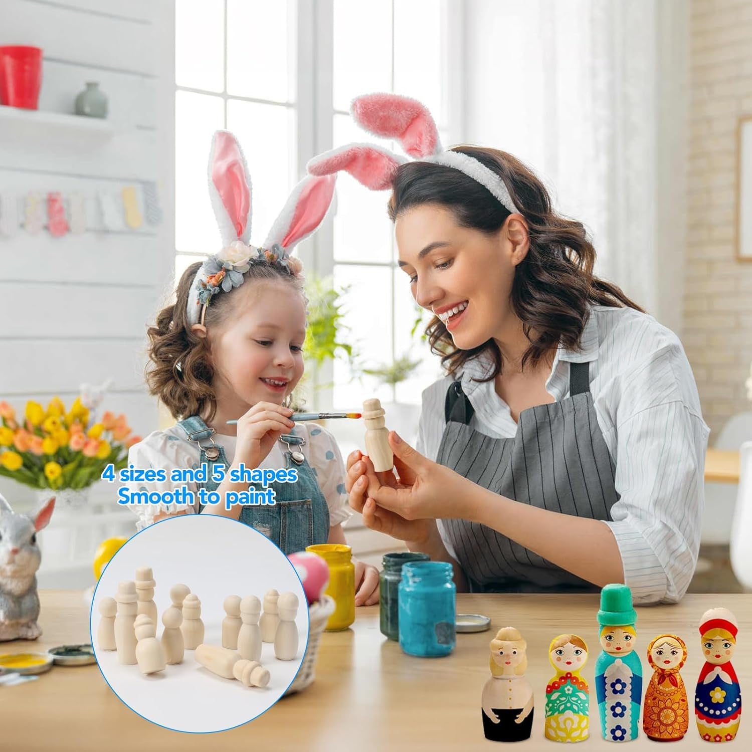 Wooden Peg Dolls - 60PCS Nature & Plain Wooden Figures, 4 Sizes, Unfinished People Shaped Dolls with Storage Box for Kids DIY Painting Crafts & Decoration