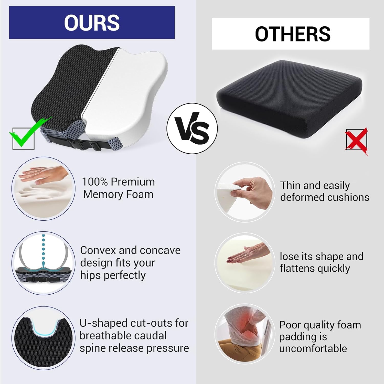 Car Seat Cushions for Driving - Memory Foam Seat Cushion Pads for Office Chair Long Sitting, Coccyx Cushion Support for Desk Chair, Wheelchair, Tailbone and Sciatica Pain Relief - Black