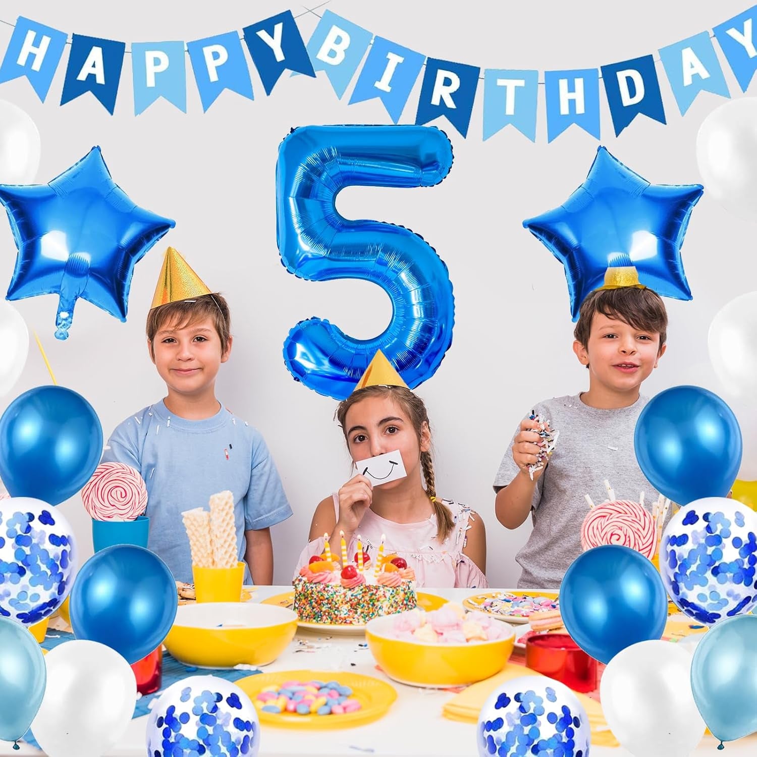 5Th Birthday Decorations for Boys, Number 5 Balloon, Blue Silver 5Th Party Decorations, Happy Birthday Bunting Banner, 32Inch Foil Number 5 Balloons Set for Birthday Party Anniversary Decorations
