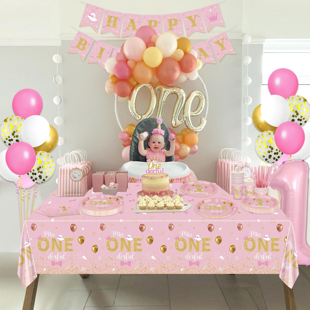 Miss Onederful Birthday Decorations - Pink Gold Plates, Napkins, Tablecloth, First Tableware for Baby Shower 1St Girls Decorations, Serve 20 Guests, JY-26