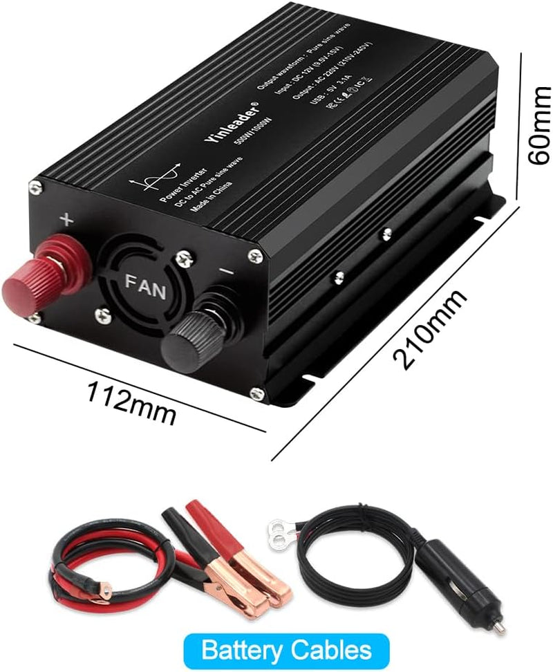 500W Pure Sine Wave Power Inverter DC 12V to 240V AC 1 UK Socket 2 USB Port LED with Cigarette Lighter