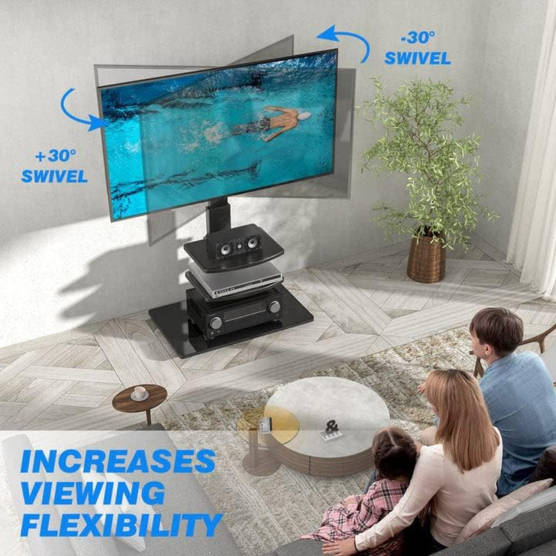 Freestanding Swivel Floor TV Stand Tall TV Unit for 32 35 40 42 43 49 50 55 58 60 65 70 Inch LCD/LED Flat Curved Screen Height Adjustable with 3-Tier Shelves Max VESA 400X400Mm up to 50Kgs