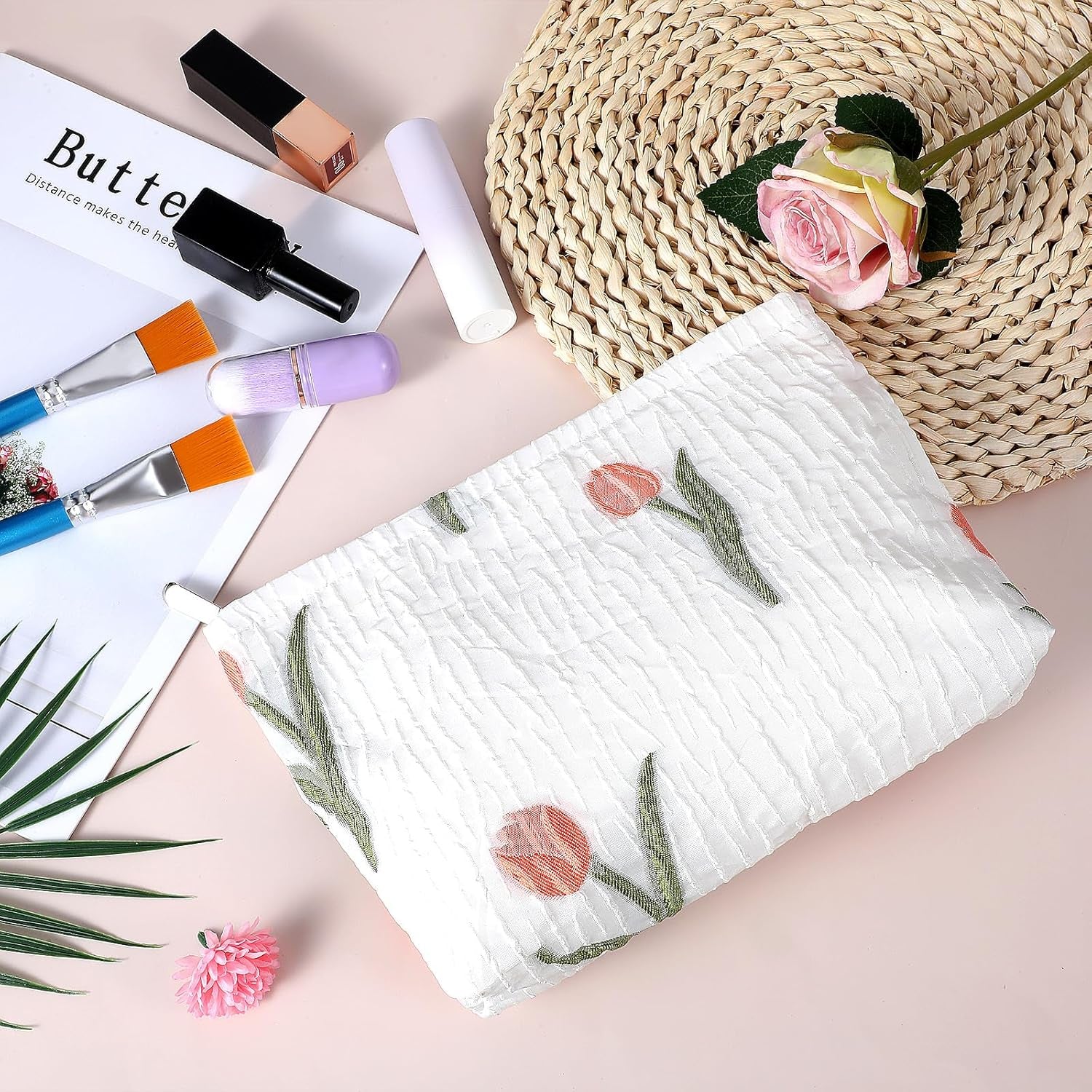 Makeup Bag Large Capacity Elegant Bow Preppy Cosmetic Bag Aesthetic Design Canvas Zipper Organizer Pouch Cute Roomy Pink Portable Toiletry Bag for Women Girls Travel Storage Accessories, White-Green,