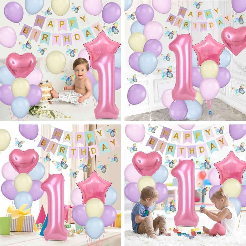 St Birthday Decoration for Girls, Pastel Macaron St Birthday Balloon, Pink Number  Balloon with Butterfly Stickers, Star Heart Foil Balloons Banner Set for Baby  Year Old Party Decor
