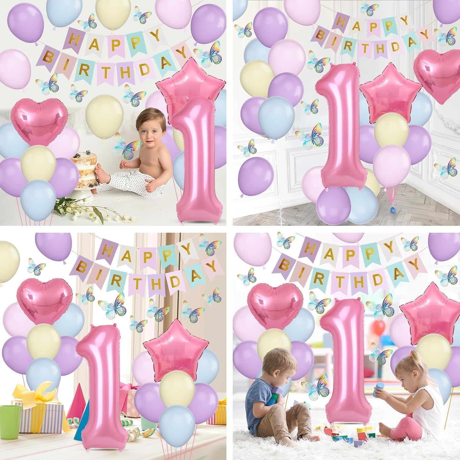 St Birthday Decoration for Girls, Pastel Macaron St Birthday Balloon, Pink Number  Balloon with Butterfly Stickers, Star Heart Foil Balloons Banner Set for Baby  Year Old Party Decor