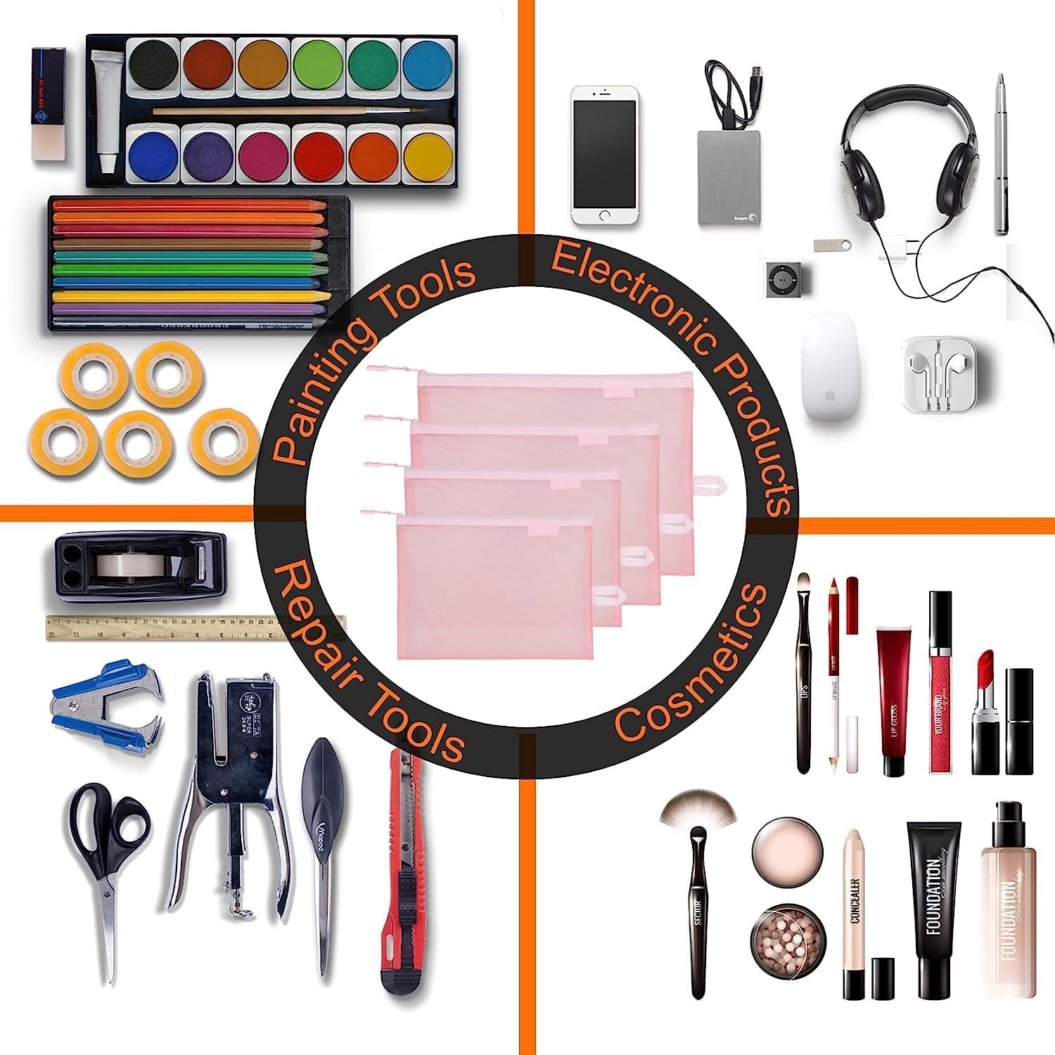 Set of 4 Mesh Makeup Bags Mesh Cosmetic Bag Travel Organizer Pouch with Zipper Diaper Toiletries Pouches for Women and Men(Pink)