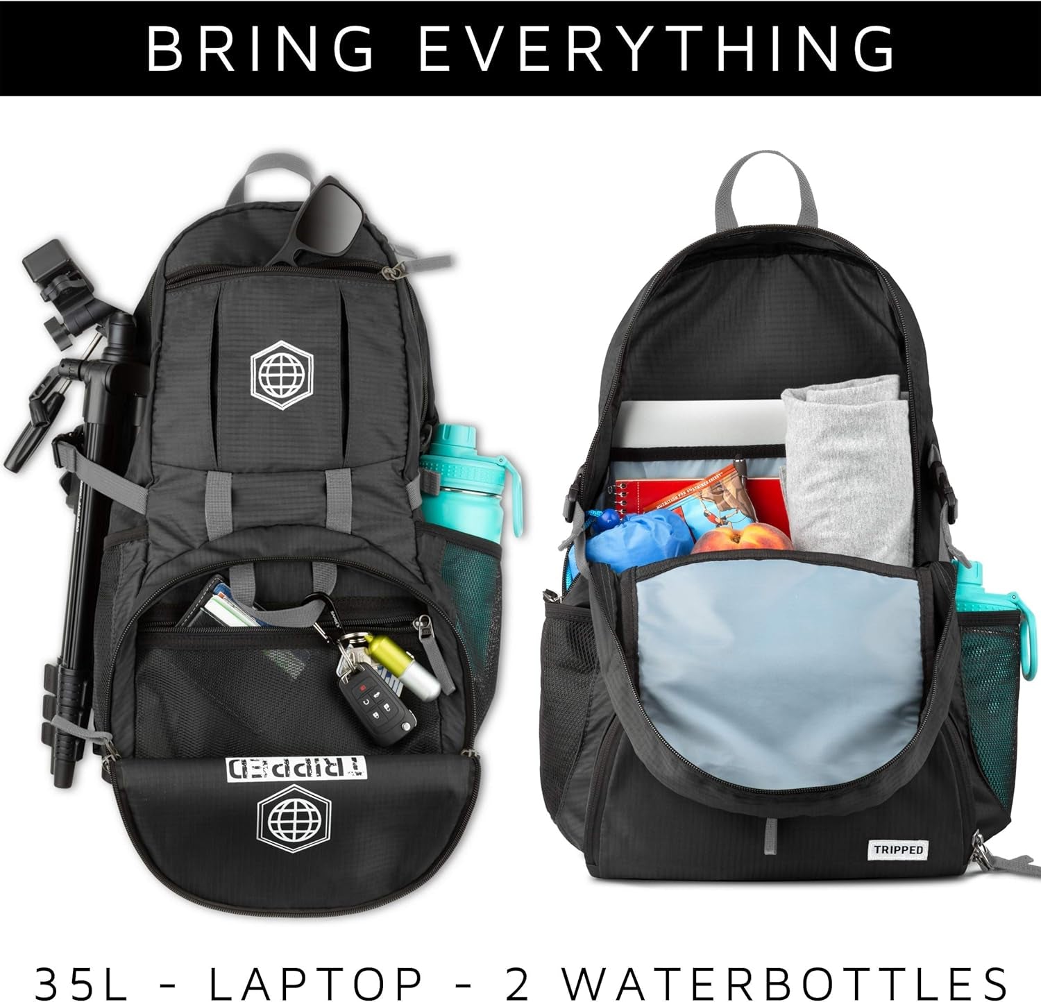 Traveling Backpack- Foldable Collapsible Lightweight Backpack for Travel (Black) 35 Liters