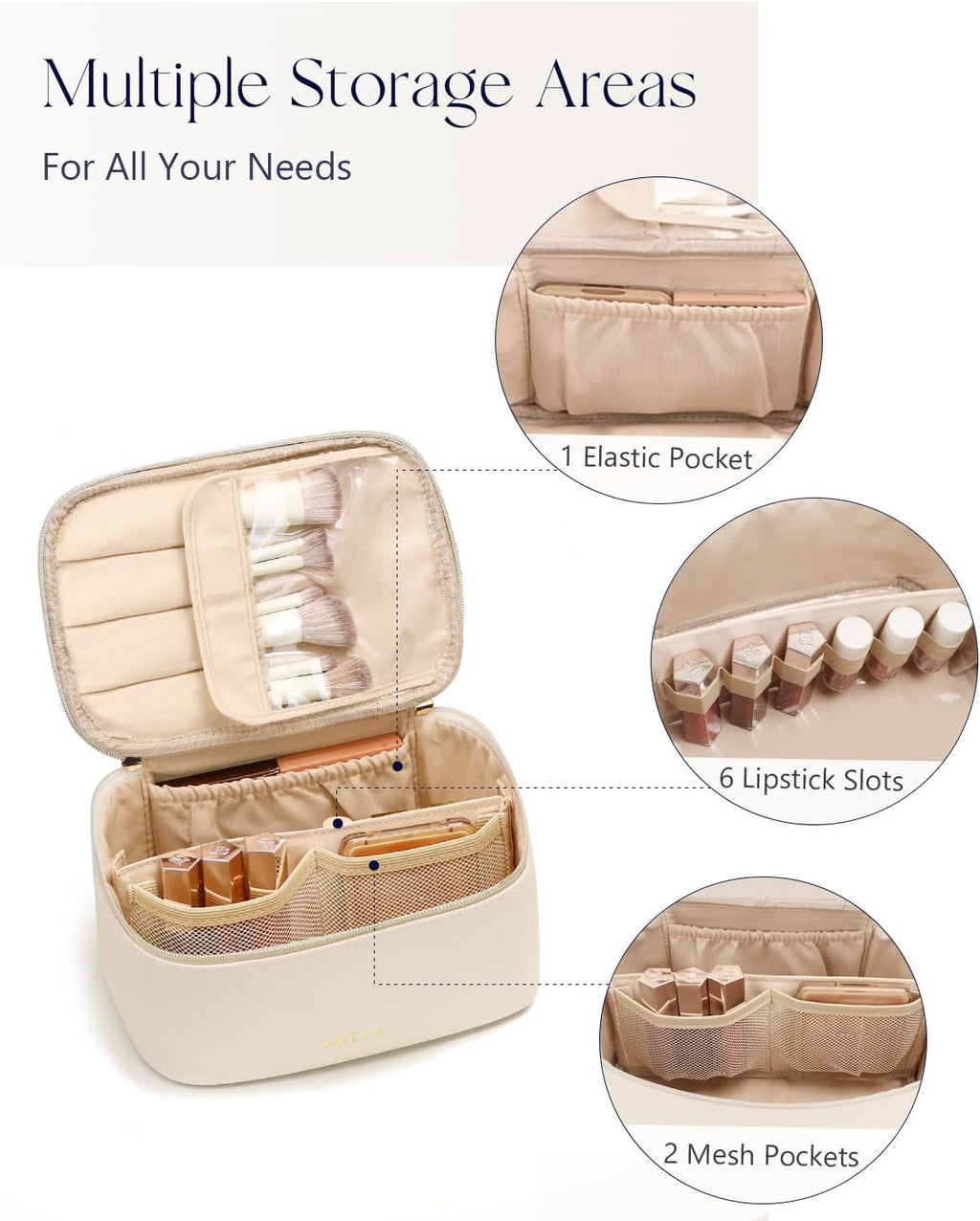 Large Makeup Bag for Women Travel Cosmetic Case Waterproof PU Leather Toiletry Bag Portable Make up Organiser with Handle and Removable Divider (Beige)