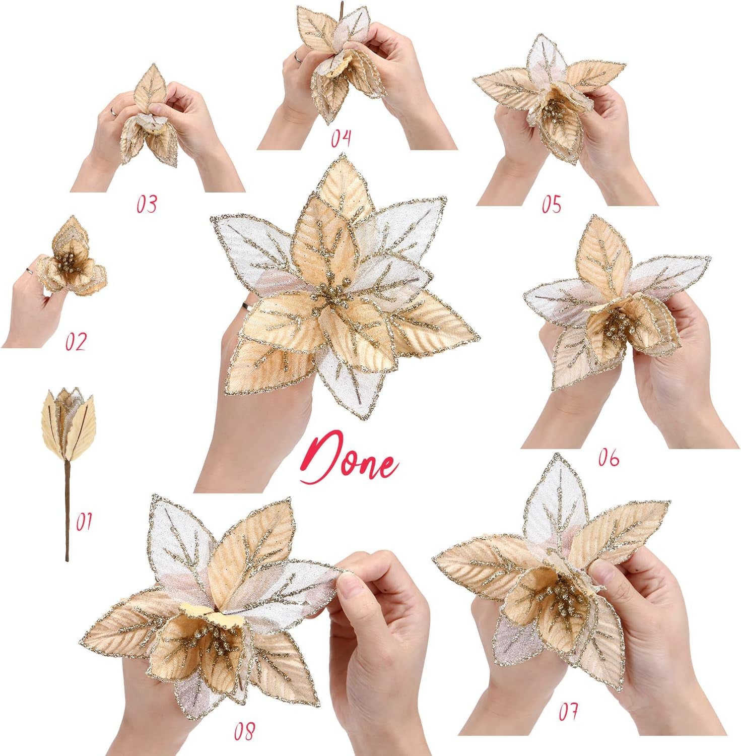 6-Pack Artificial Glitter Poinsettia Christmas Flower Ornaments Tree Decorations, 10-Inch, Red