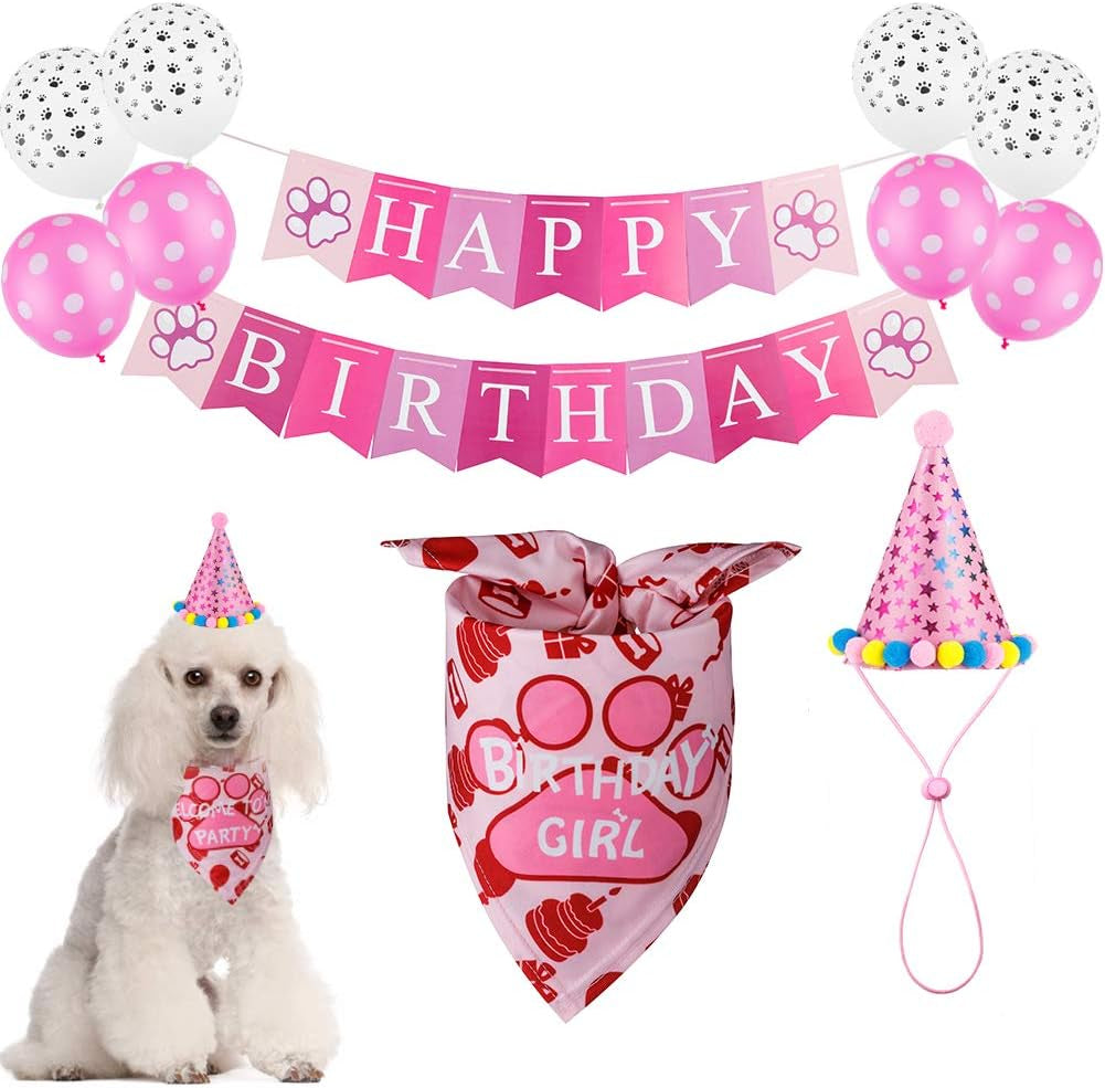 Dog Birthday Bandana, Dog Birthday Boy Hat Scarfs Flag Balloon with Cute Doggie Birthday Party Supplies Decorations (Style1, Pink)