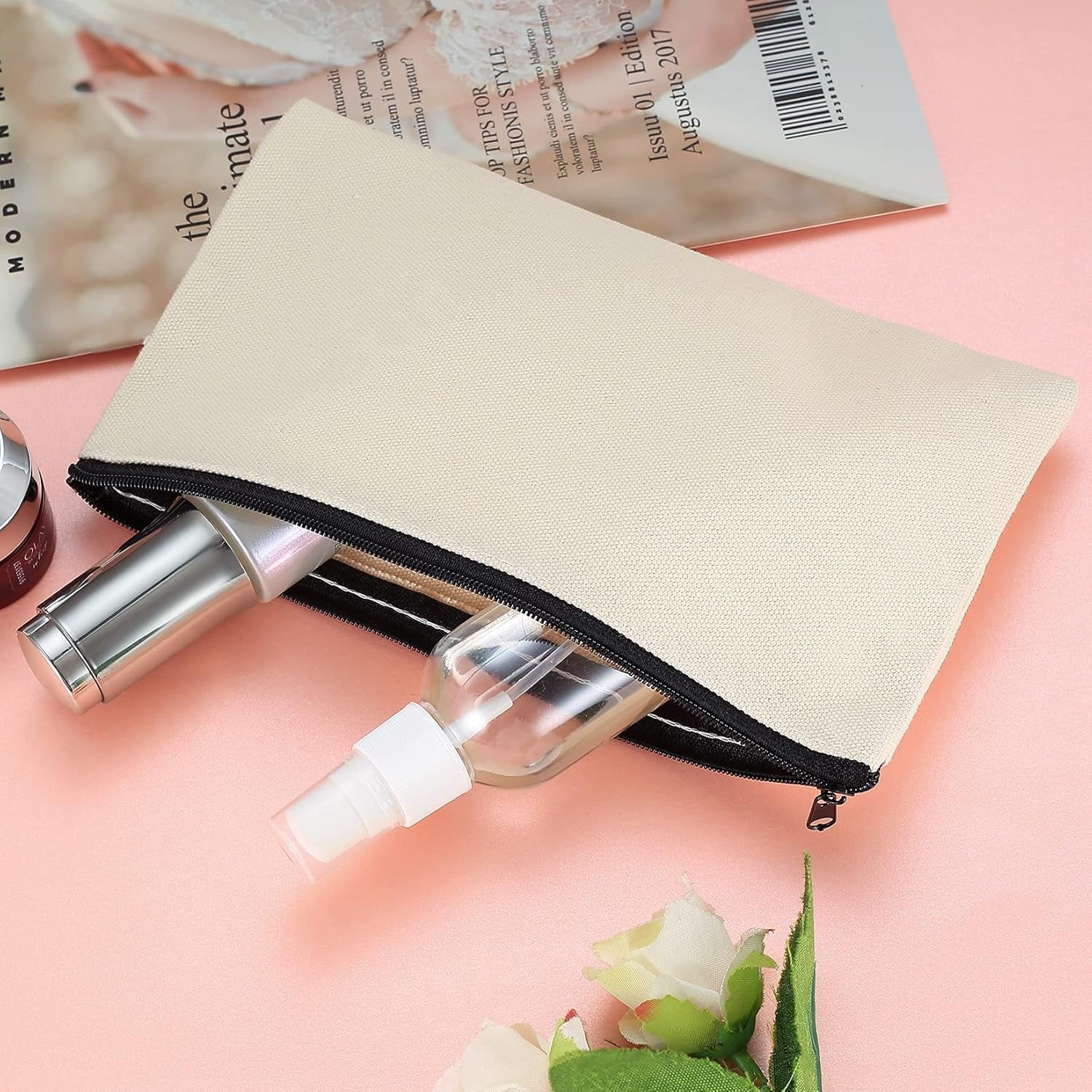 2 Pcs Canvas Makeup Bags, Canvas Pencil Pouch Bags with Zipper, Blank DIY Craft Make up Cosmetic Pouches Bags Cases for Travel Craft School Toiletry Bags Pouches - White