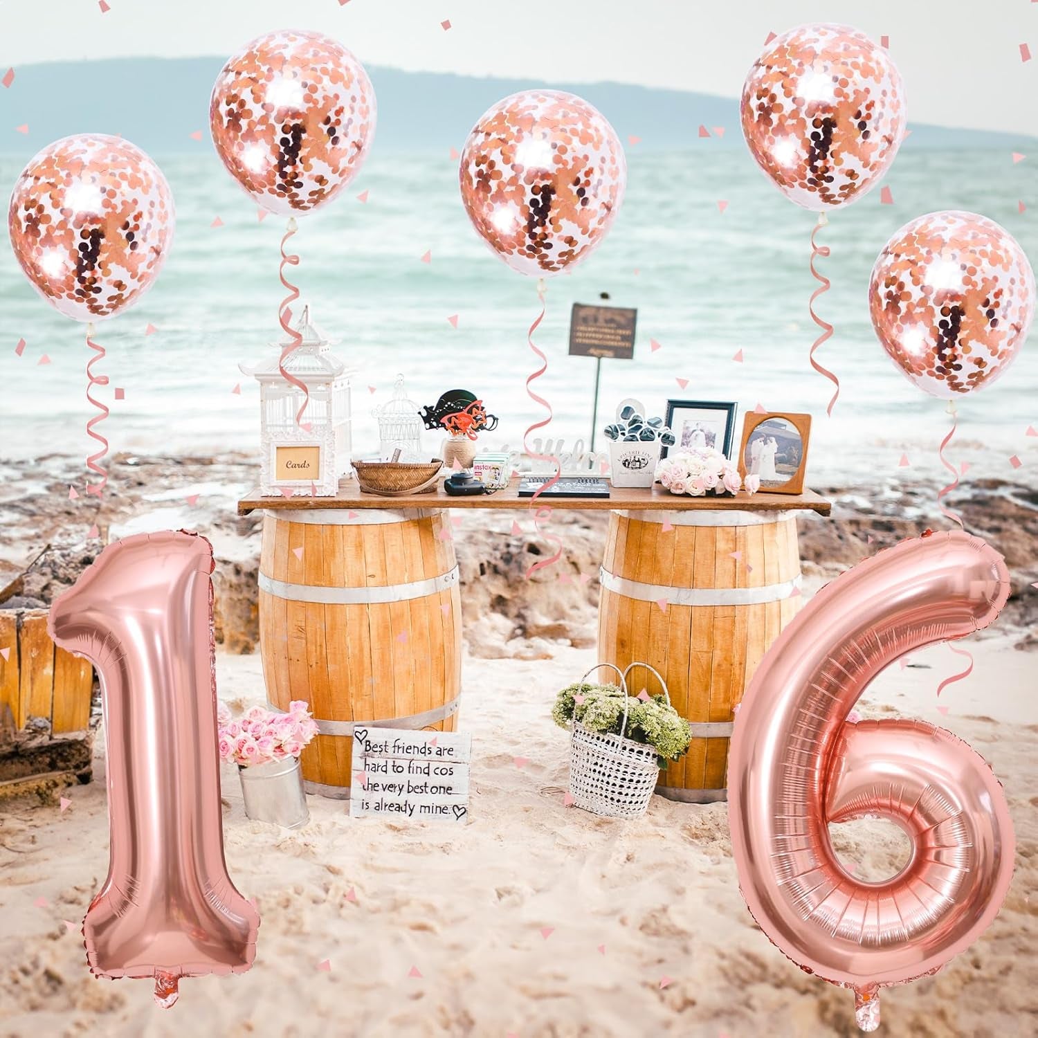 16Th Birthday Balloons for Girls, 40 Inch Foil Self Inflating Number 16 Balloons with Rose Gold Confetti Balloons, Large Balloons for Women 61St Birthday Party Decor Anniversary Decorations Supplies