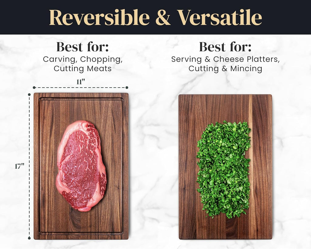 Walnut Wood Cutting Board for Kitchen, Reversible Wooden Chopping Board with Juice Grooves, Made in Canada (Walnut, 17X11X0.75)
