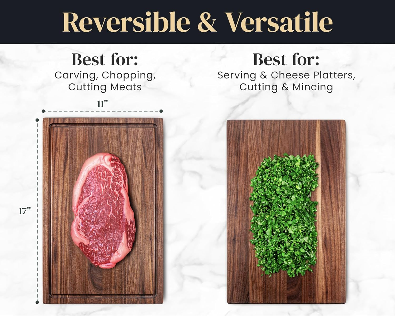 Walnut Wood Cutting Board for Kitchen, Reversible Wooden Chopping Board with Juice Grooves, Made in Canada (Walnut, 17X11X0.75)