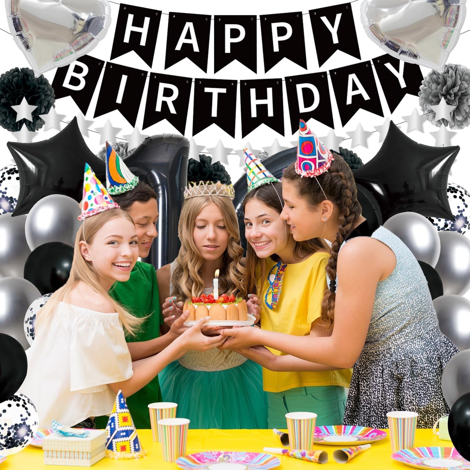 16Th Birthday Decorations Boys Girls - 45PCS Black Silver 16Th Bday Balloons Decorations Set Happy Birthday Banner and Foil Star Balloons Supplies